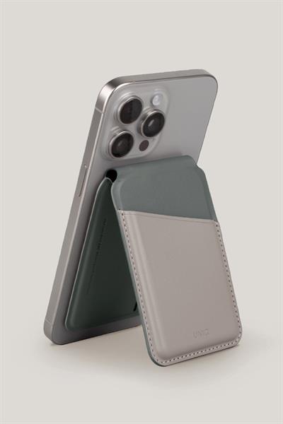 Uniq Lyden DS RFID Block Manyetik Kartlıklı MagSafe Uyumlu Deri Stant – Bej