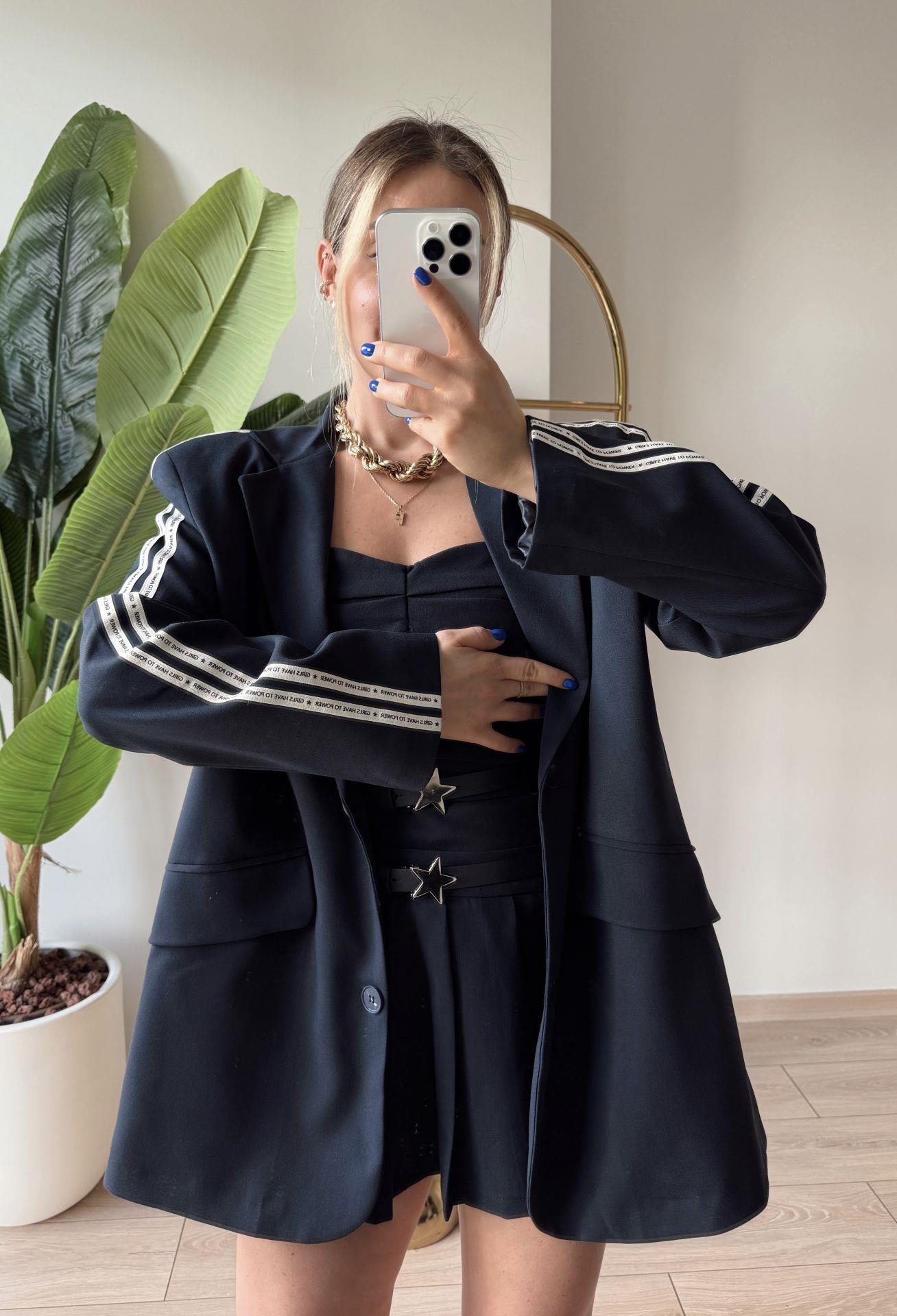 Baskı Detaylı Blazer Ceket Lacivert