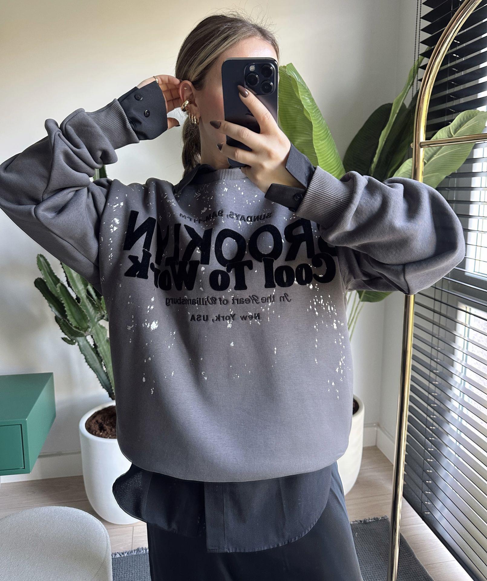 Baskı Detaylı Oversize Sweatshirt Koyu Gri