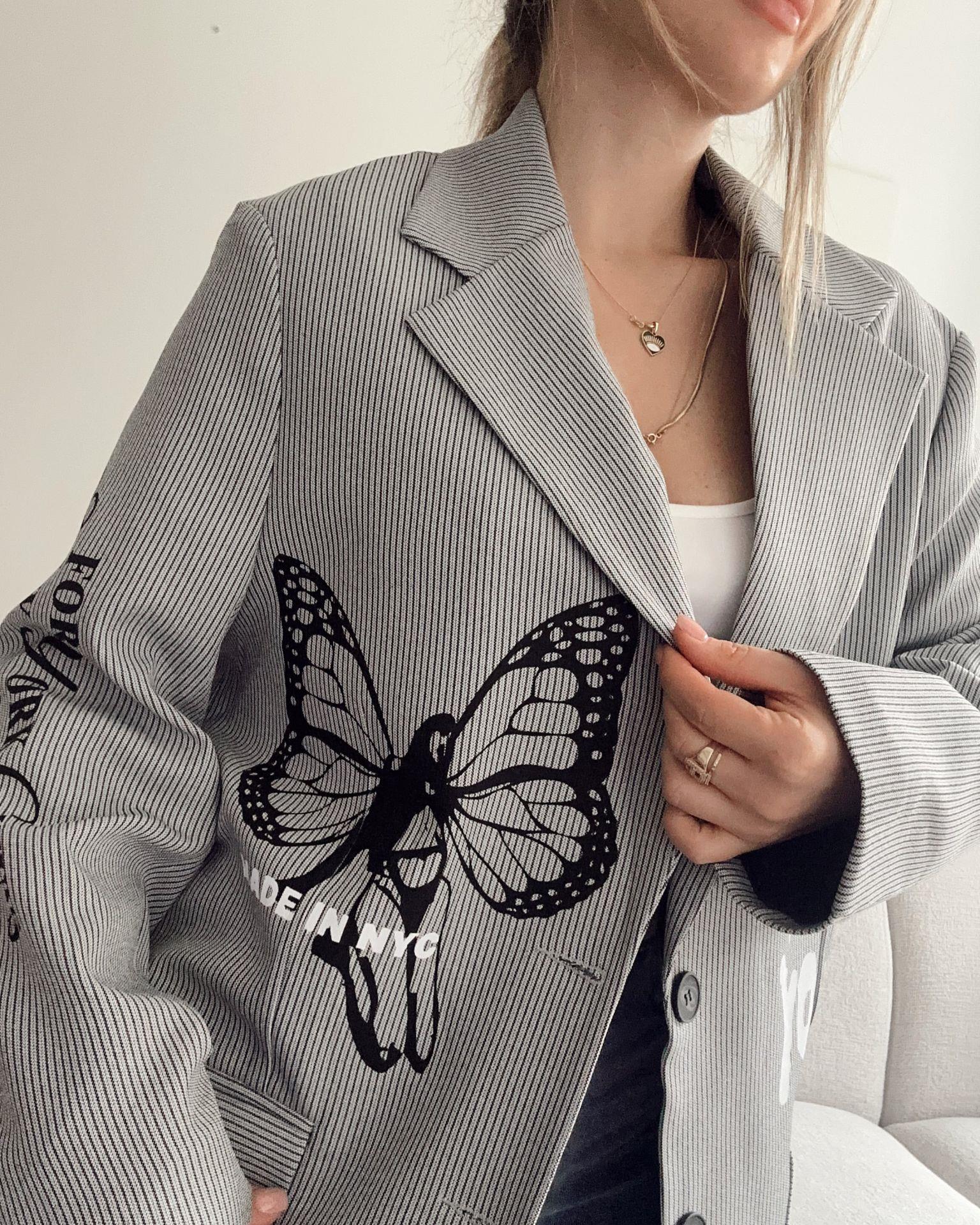 Baskılı Sloganlı Antrasit Oversize Blazer Ceket
