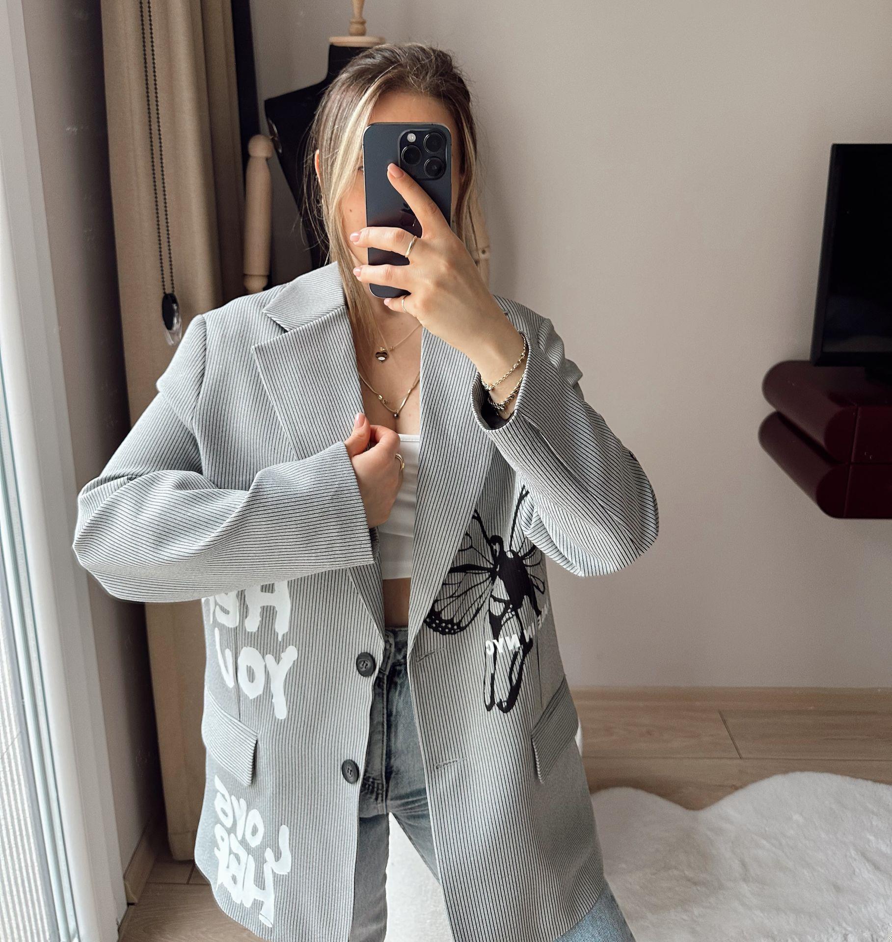 Baskılı Sloganlı Antrasit Oversize Blazer Ceket