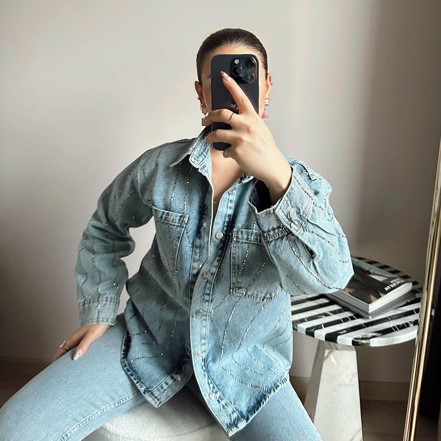 Blue Taşlı Jean Ceket