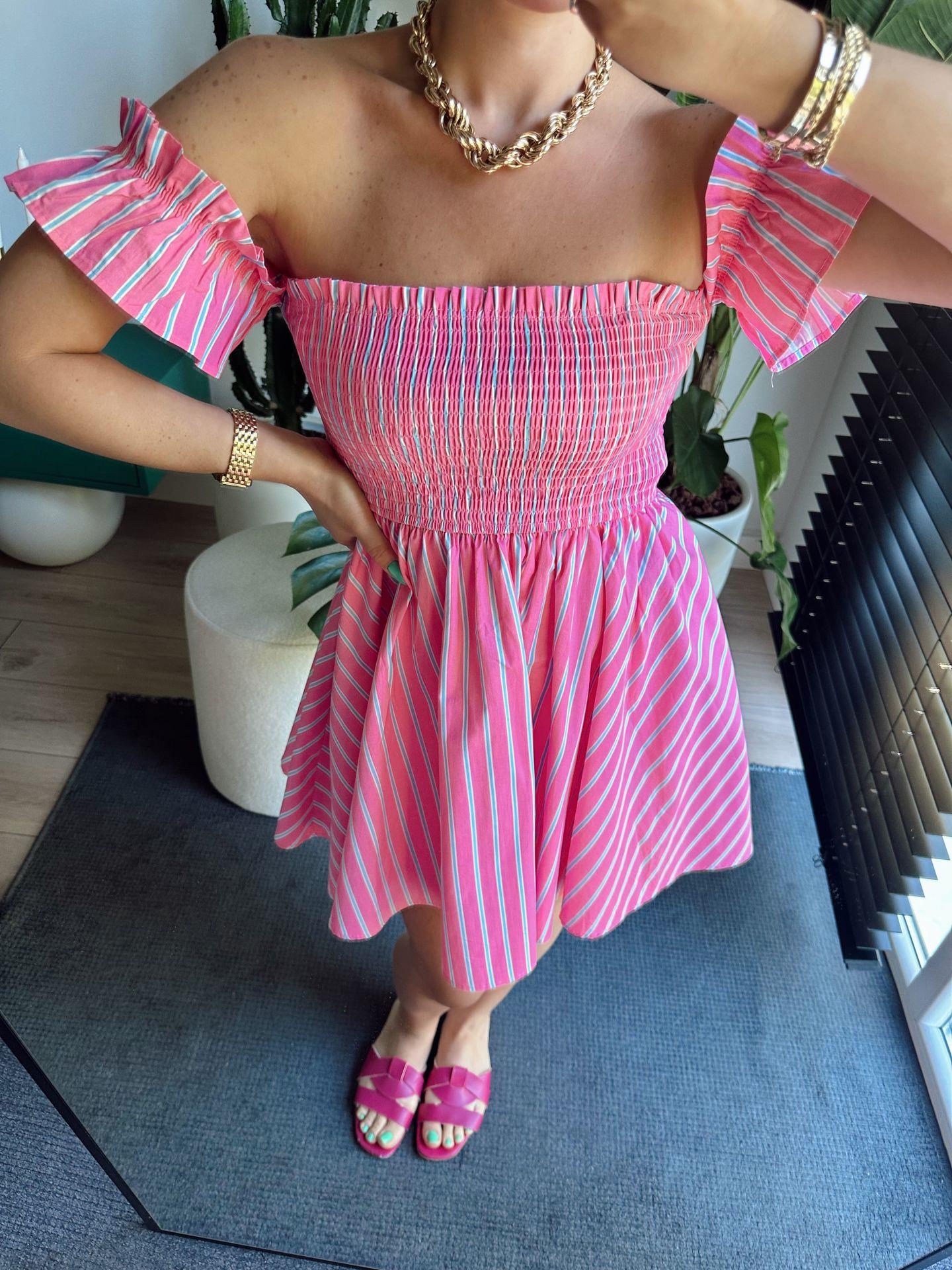 Çizgili Gipe Detay Straplez Mini Elbise Pembe