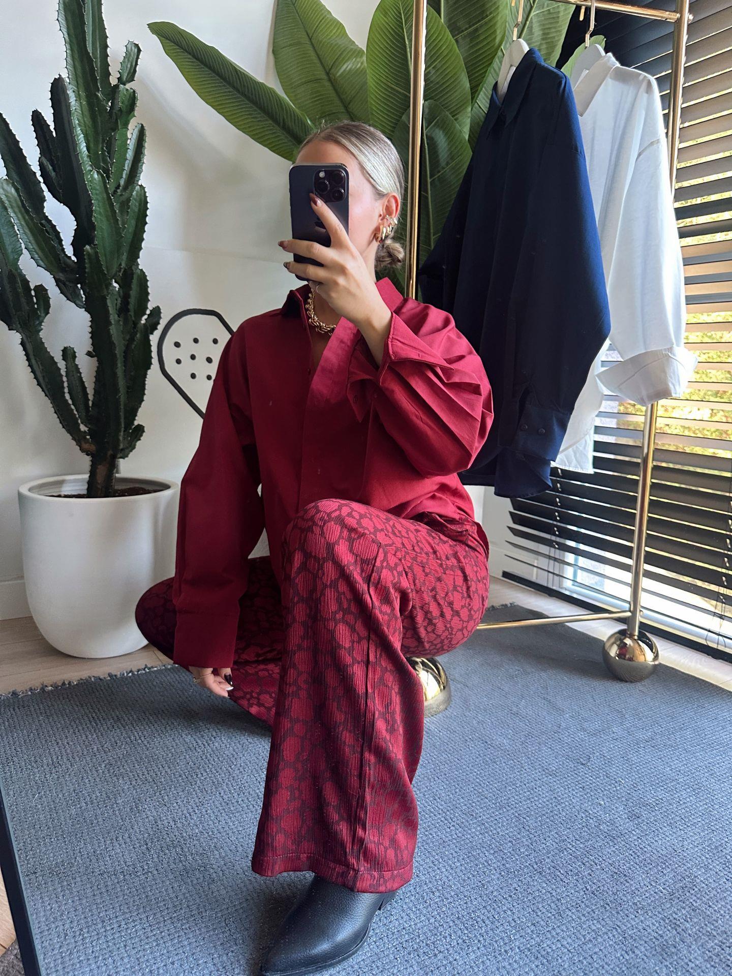 Desenli Rahat Kalıp Pantolon Bordo