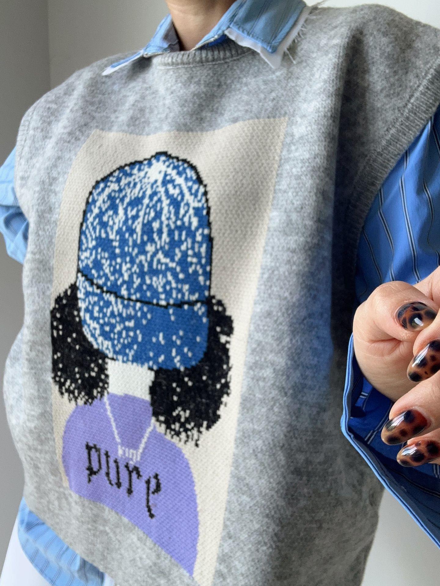 Figürlü Oversize Triko Süveter Gri