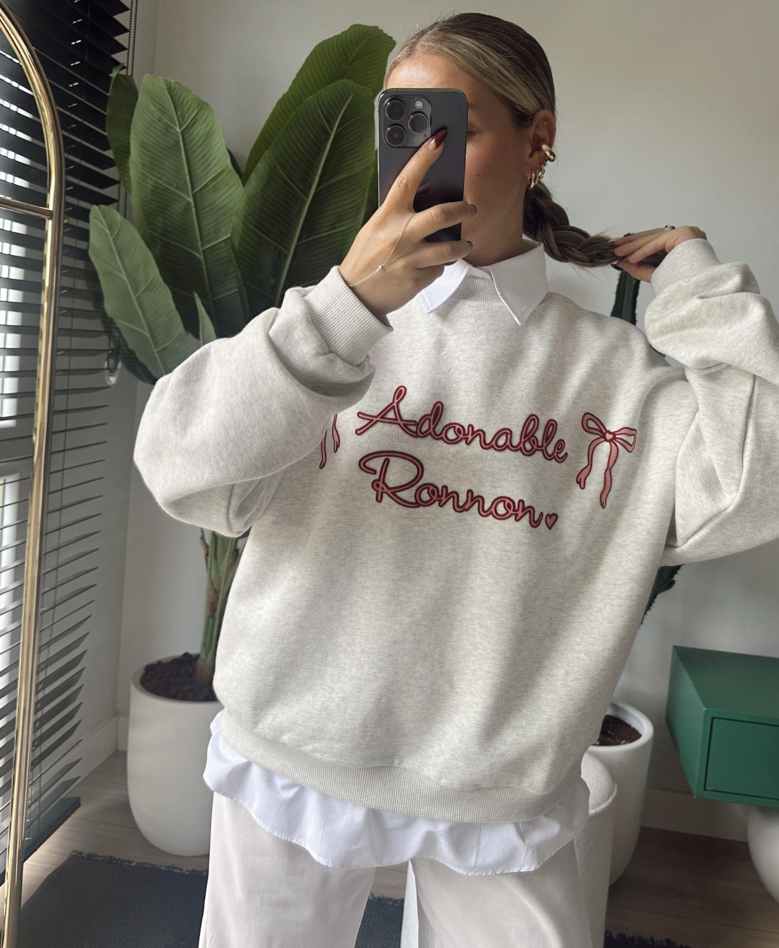 Gömlek Detaylı Baskılı Oversize Sweatshirt Gri