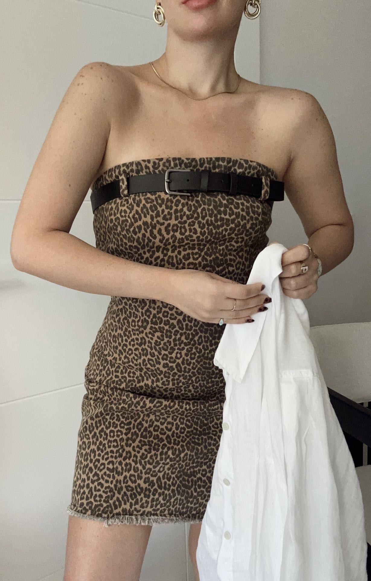 Kemer Detaylı Mini Elbise Leopar Desen