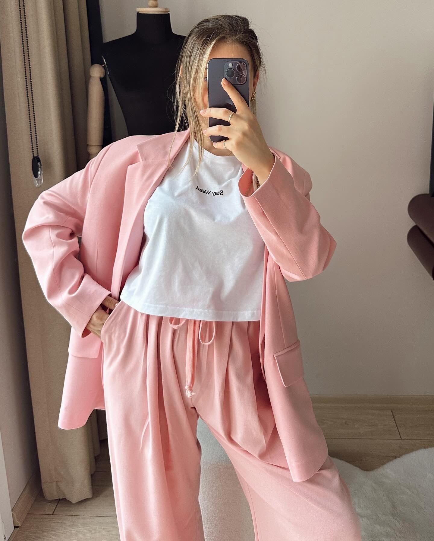 Kruvaze Yaka Oversize Blazer Ceket Pembe