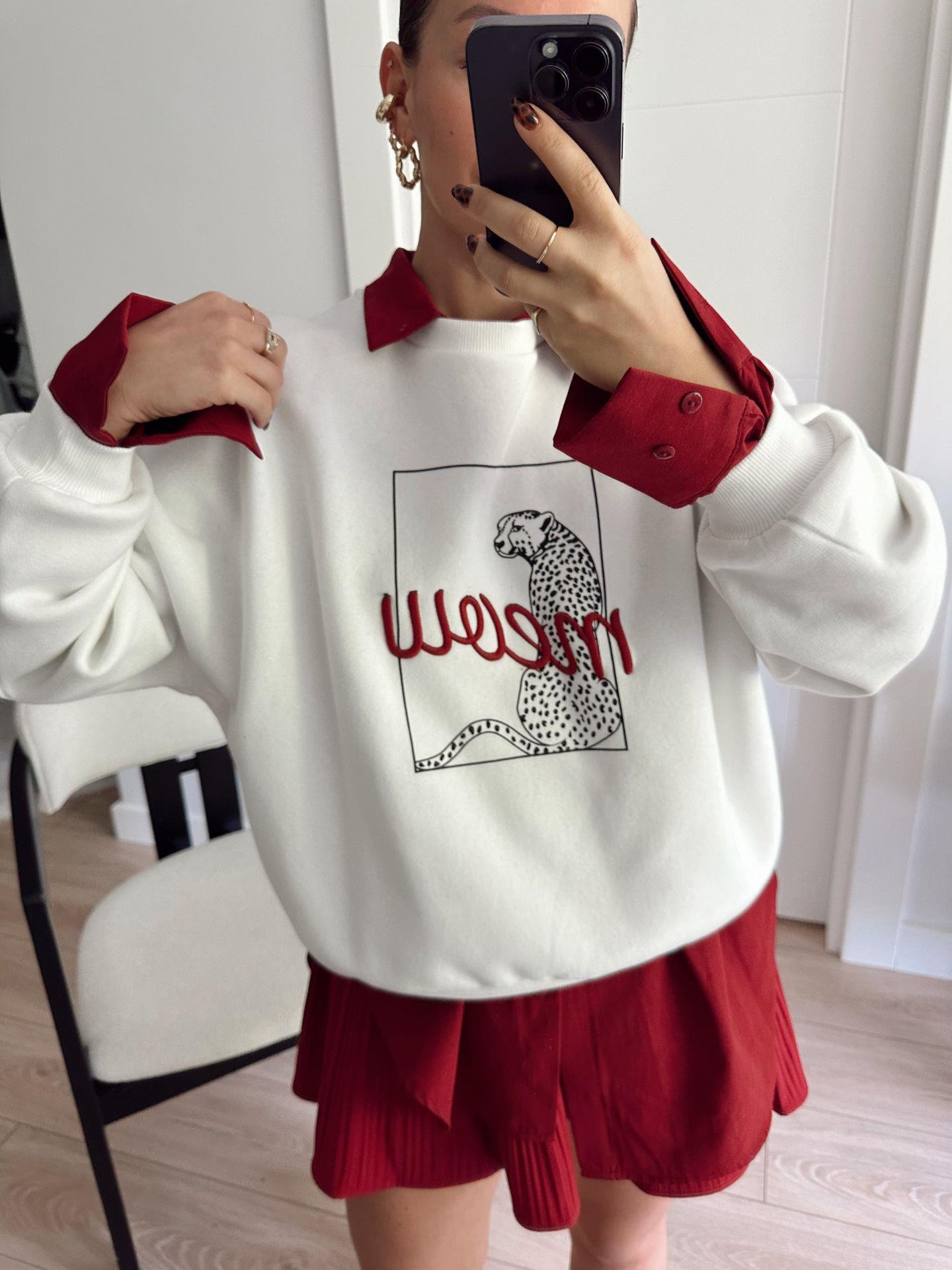 Meow Baskı Detayı Sweatshirt Ekru