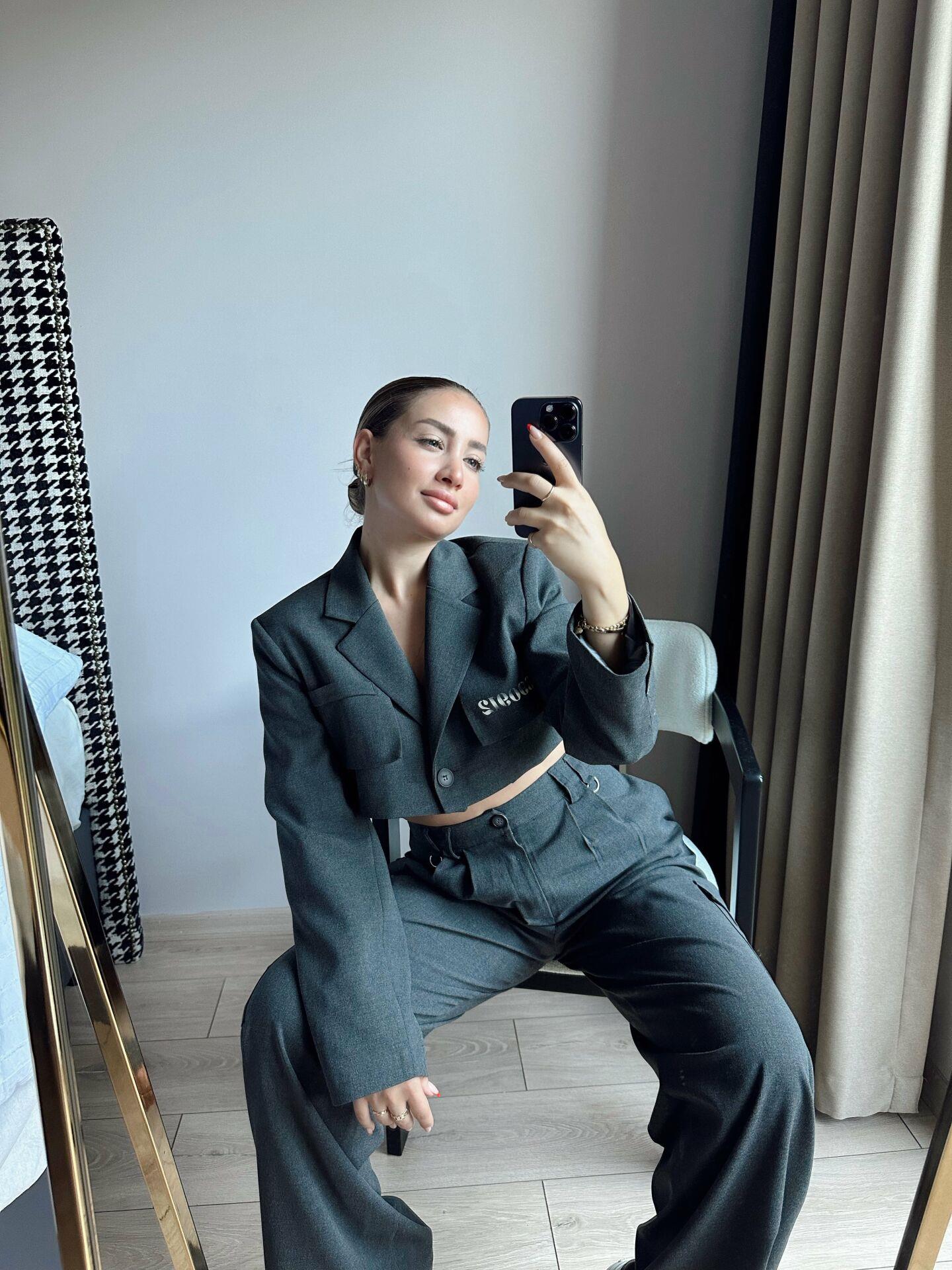 Parça Detaylı Crop Blazer Ceket Antrasit