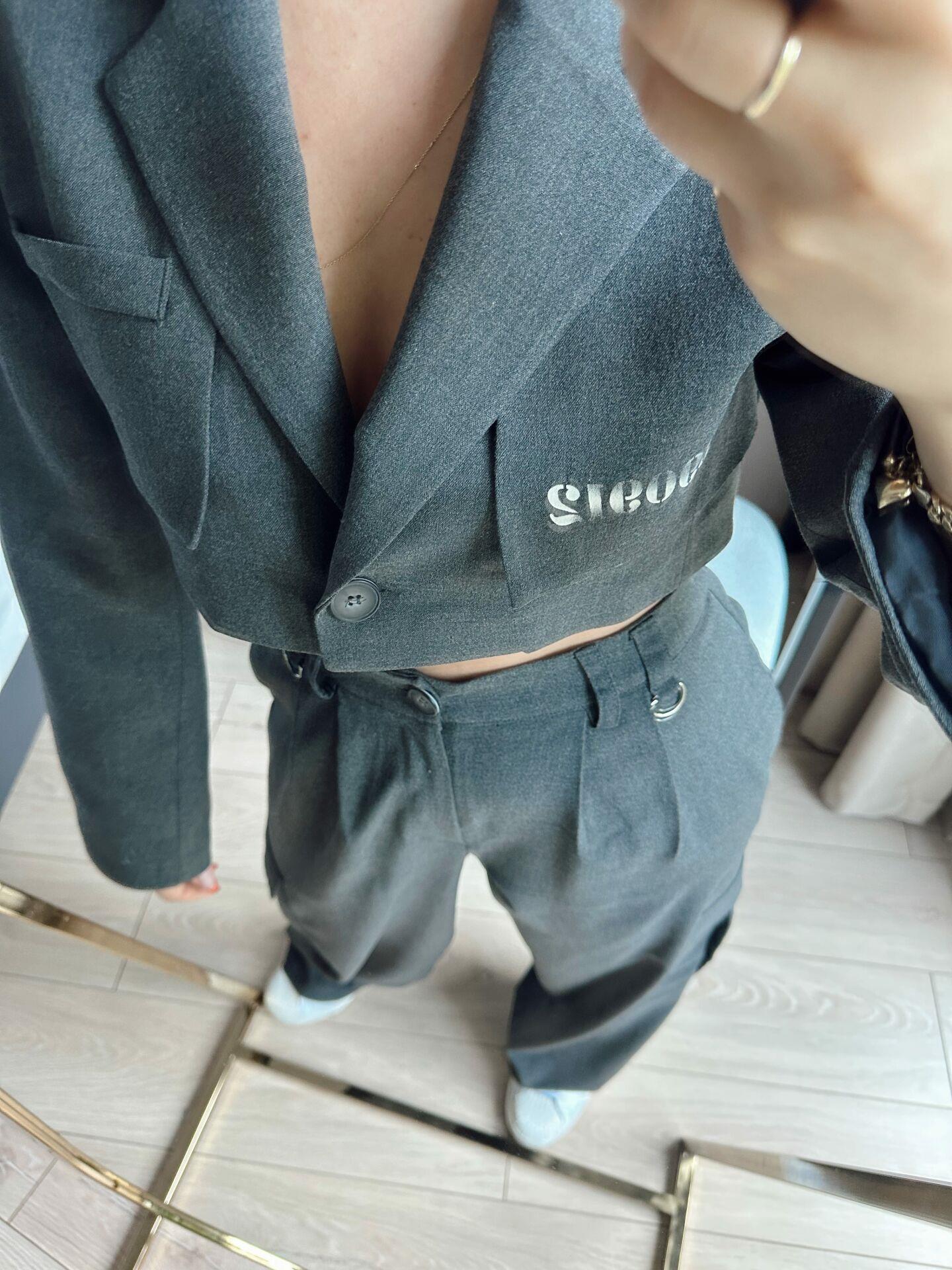 Parça Detaylı Crop Blazer Ceket Antrasit