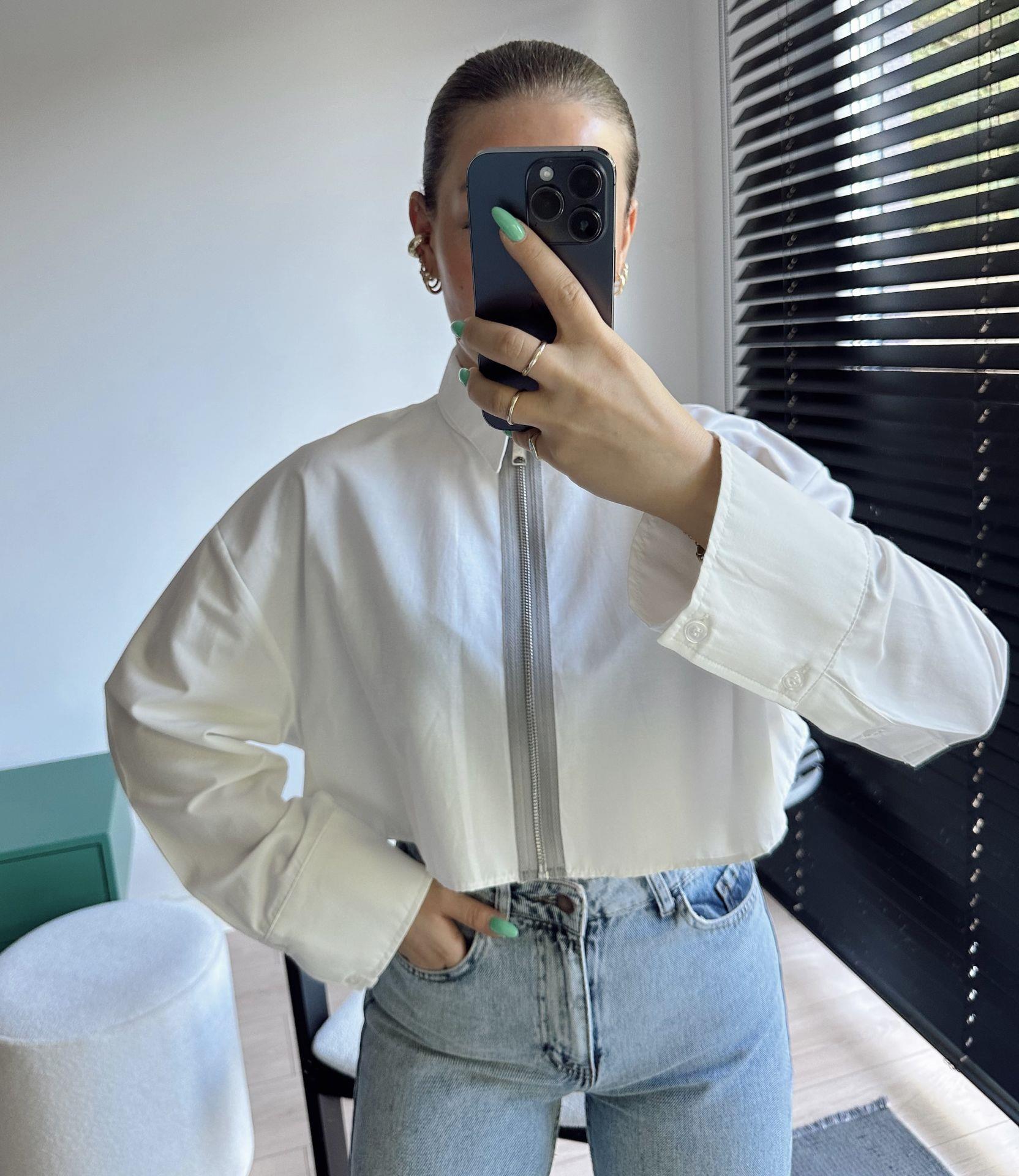 Sloganlı Crop Gömlek Ekru