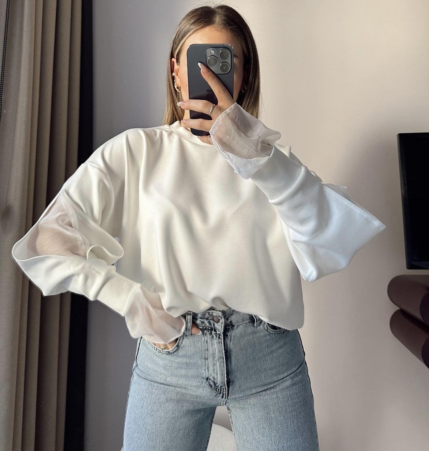 Tül Mixli Modal Sweat Beyaz