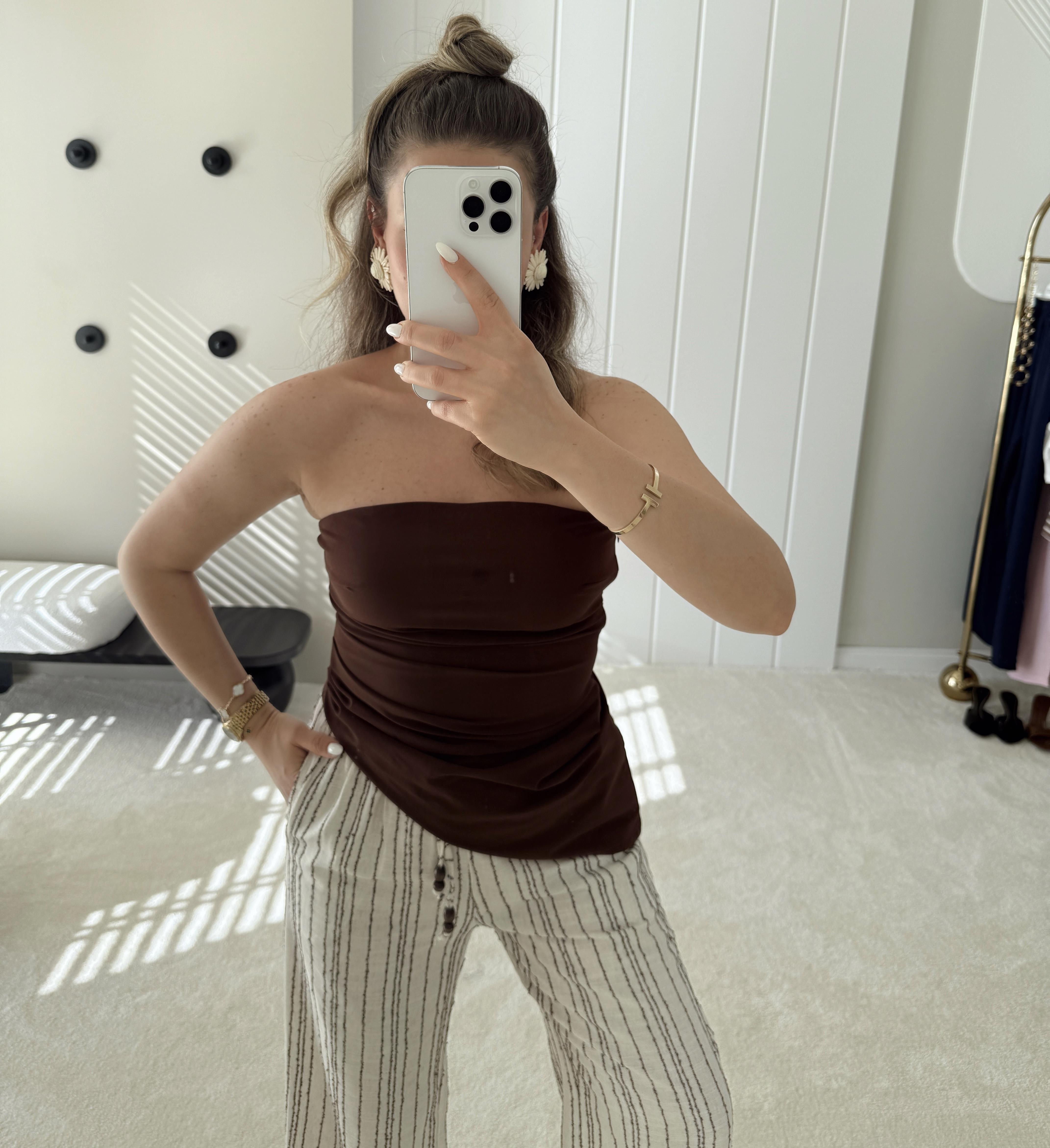 Asimetrik Bandeau Top Bluz Straplez Kahverengi 
