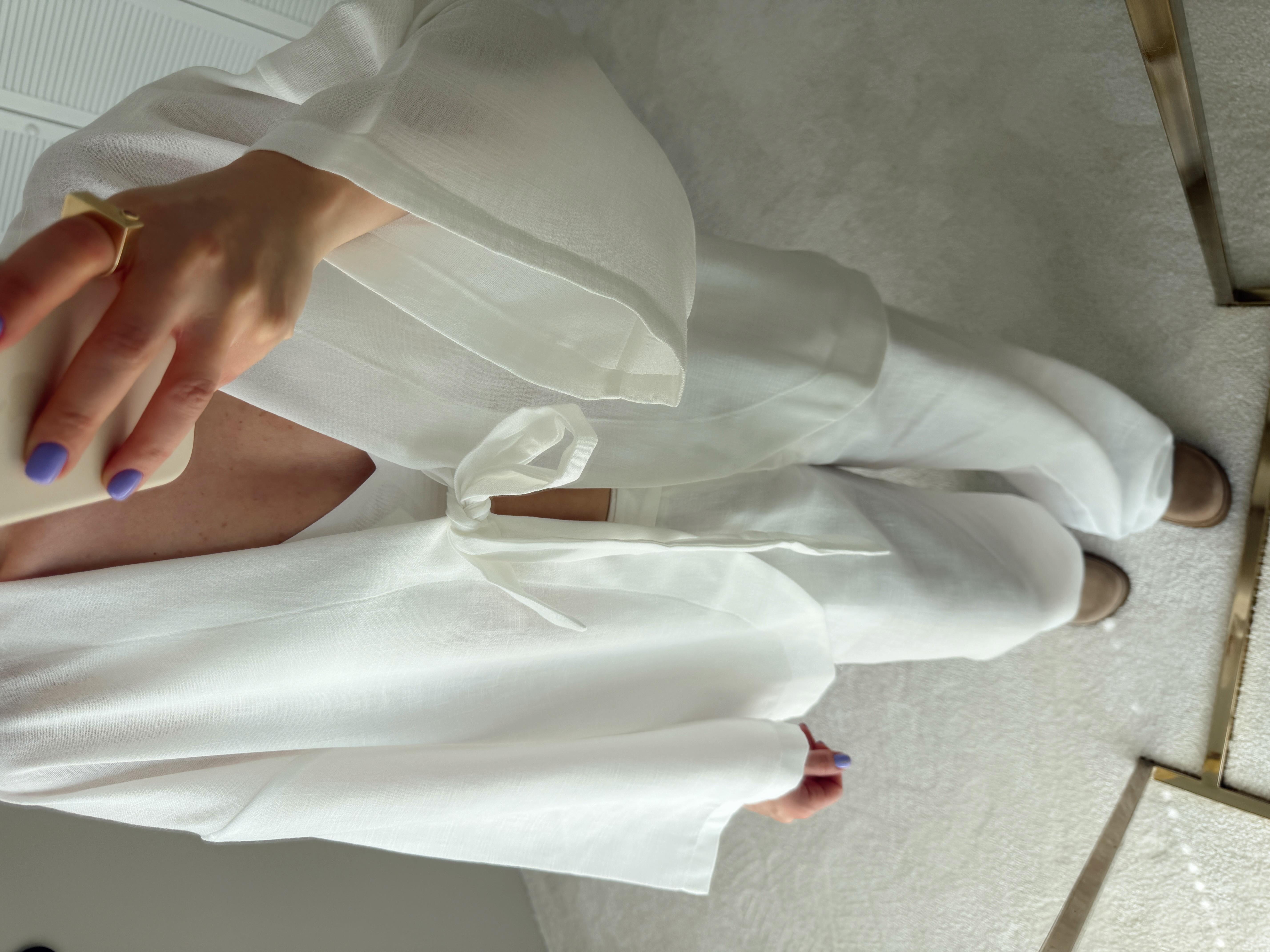 Bağlamalı Keten Kimono Beyaz