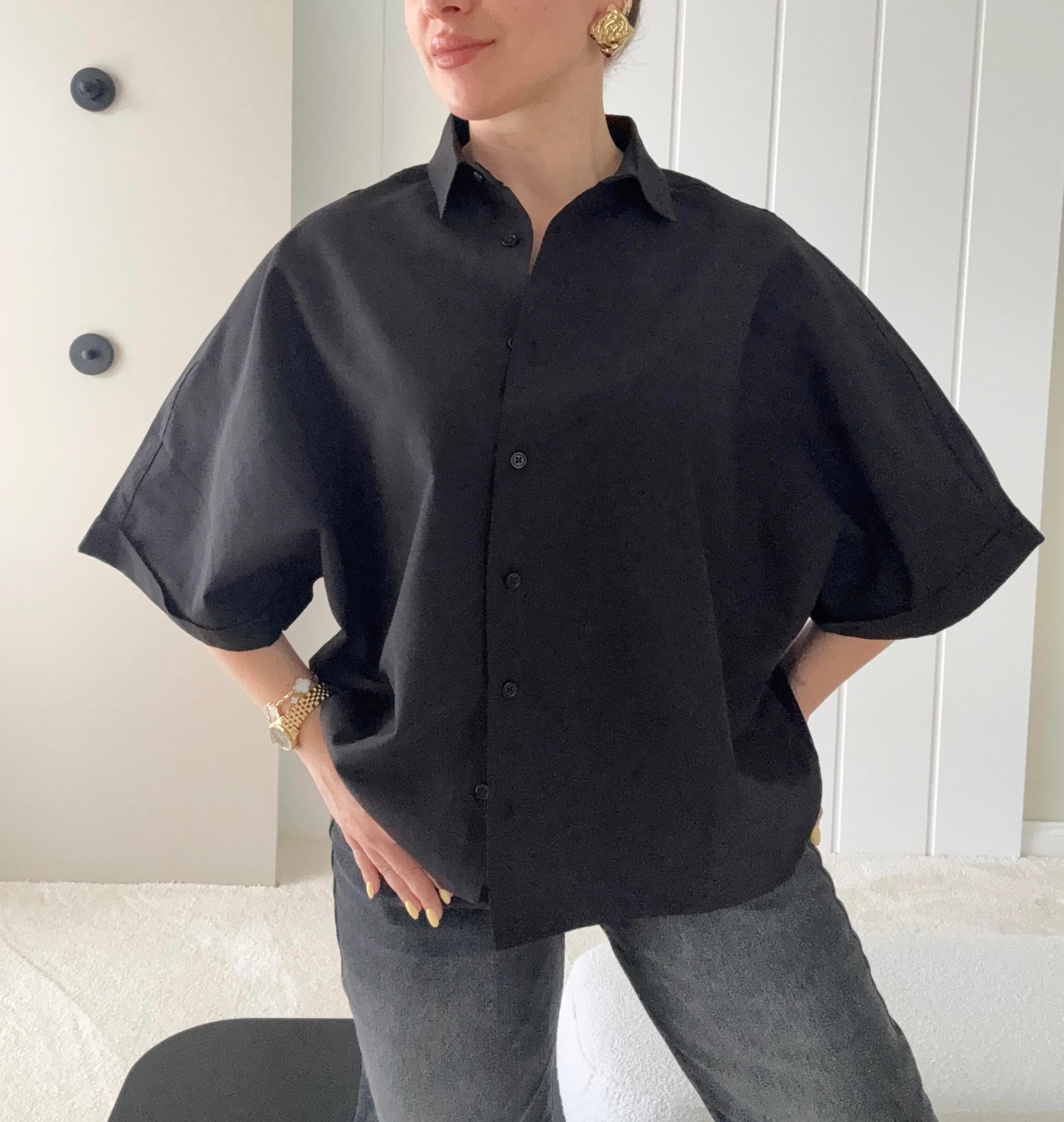 Basic Düğmeli Oversize Gömlek Kısakollu Siyah