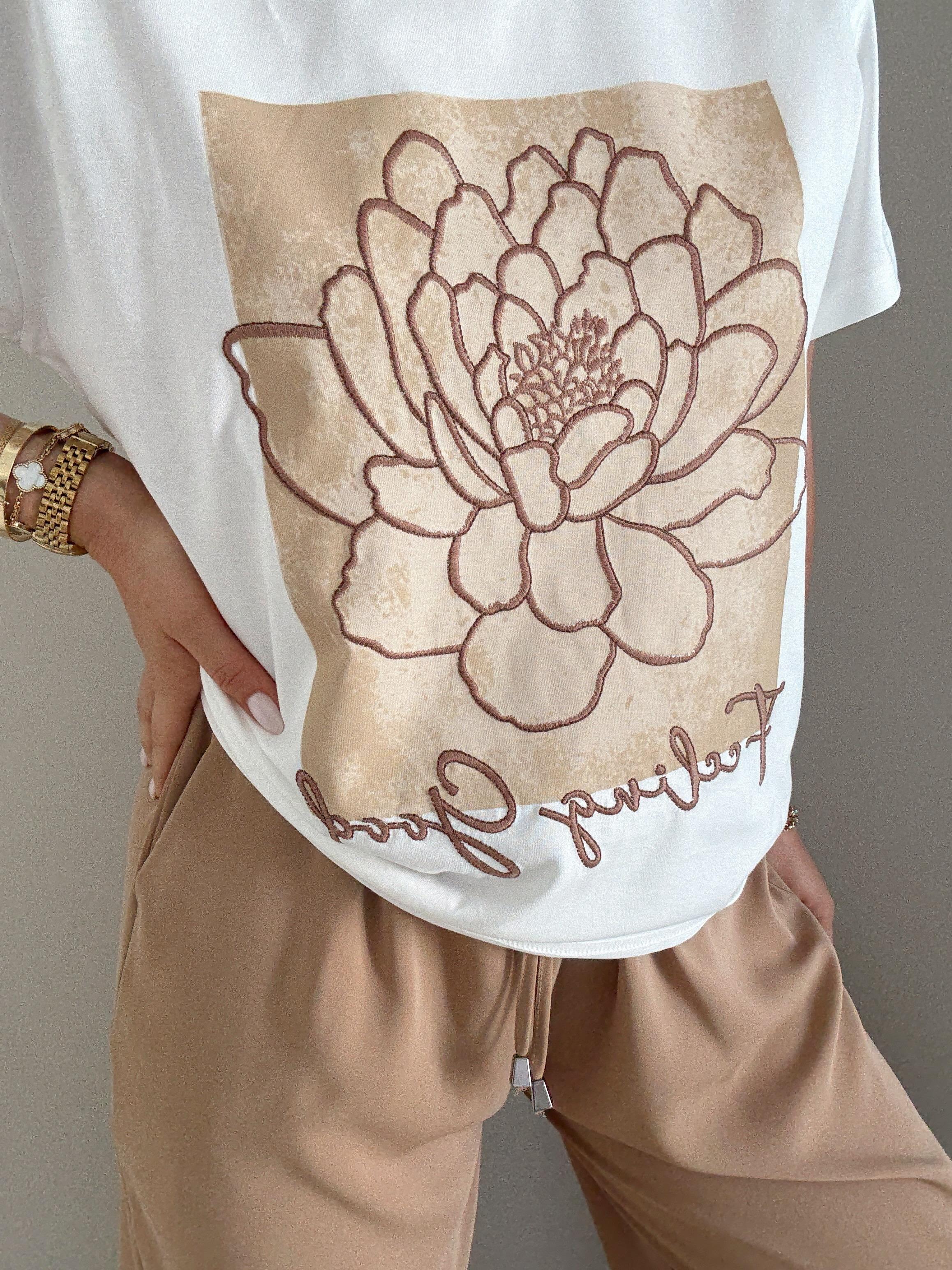 Baskı Detaylı Oversize Tshirt Kahverengi Çiçek Nakış