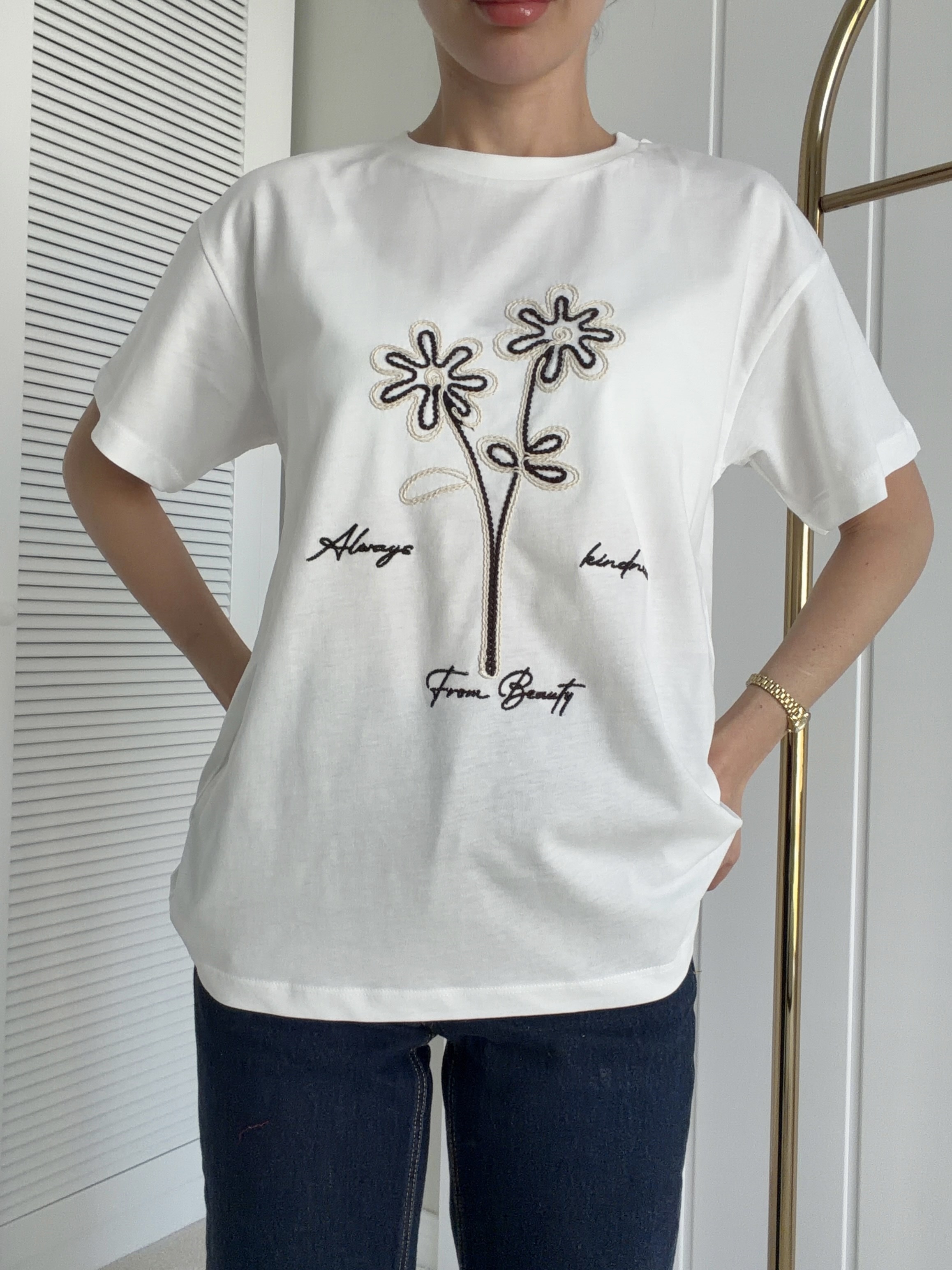 Baskı Detaylı Tshirt Nakış Çiçek Kahverengi