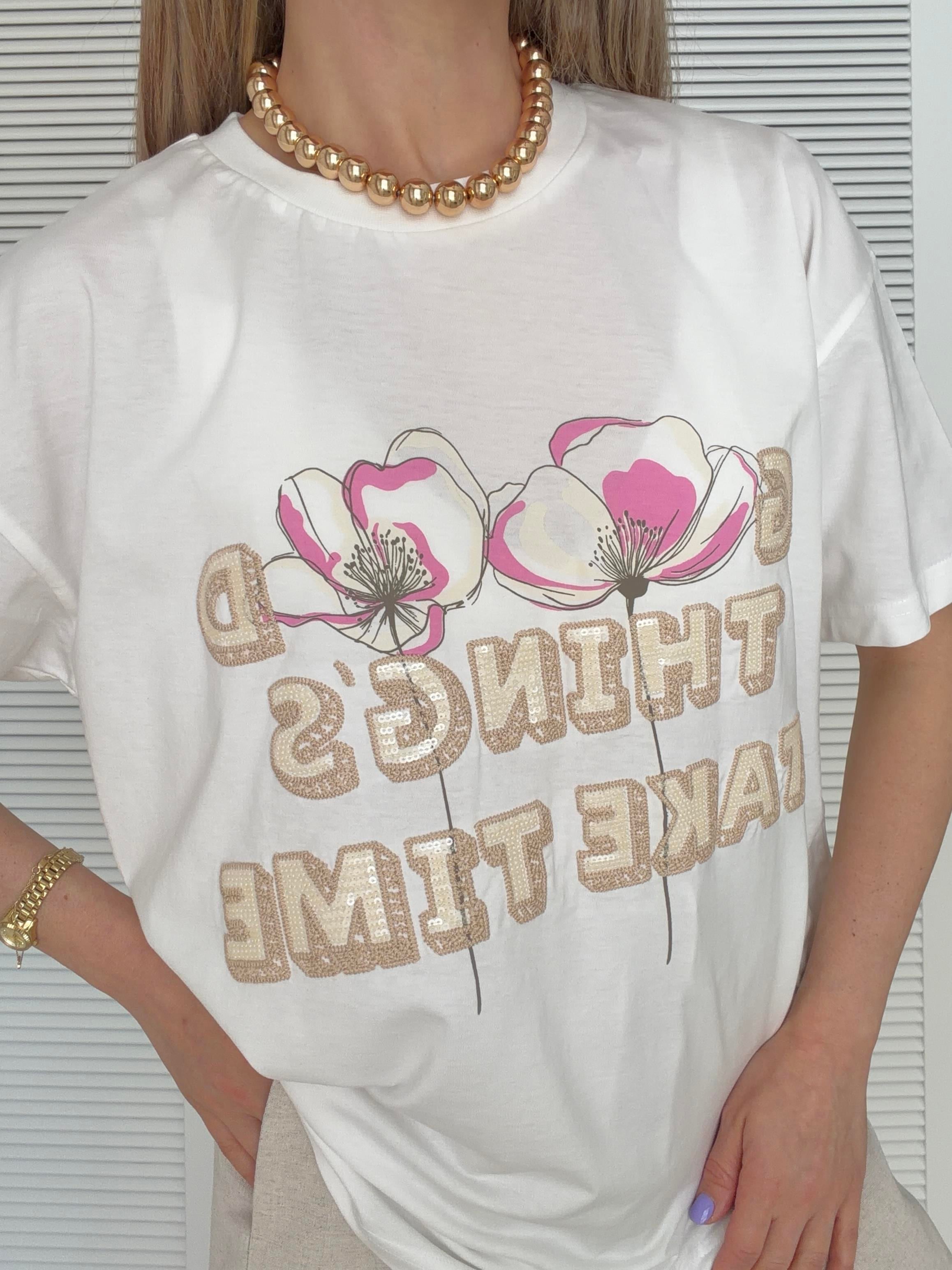 Baskı ve Payet Nakış Detaylı Tshirt Ekru