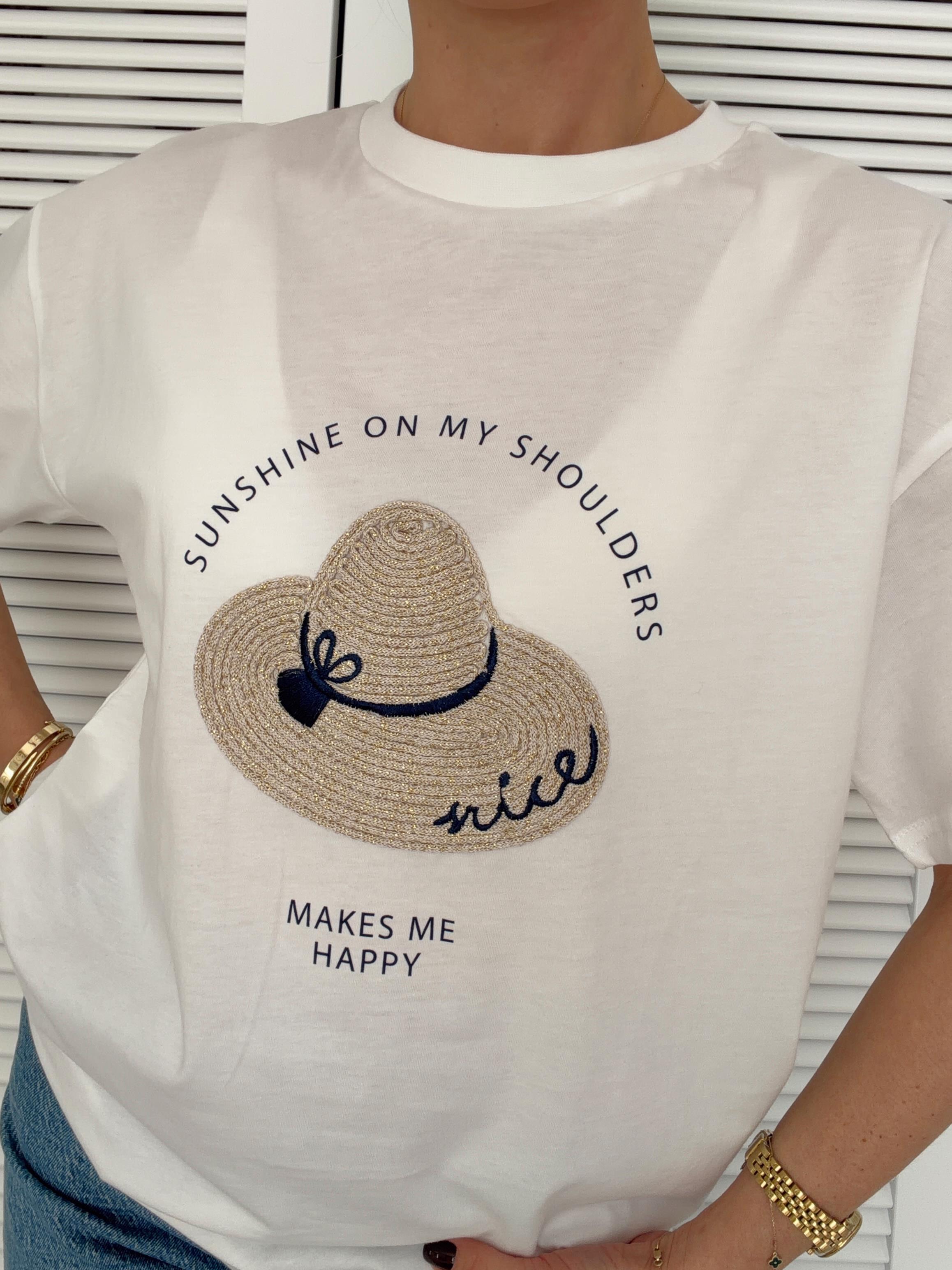 Baskı ve Şapka İşleme Detaylı Tshirt Ekru