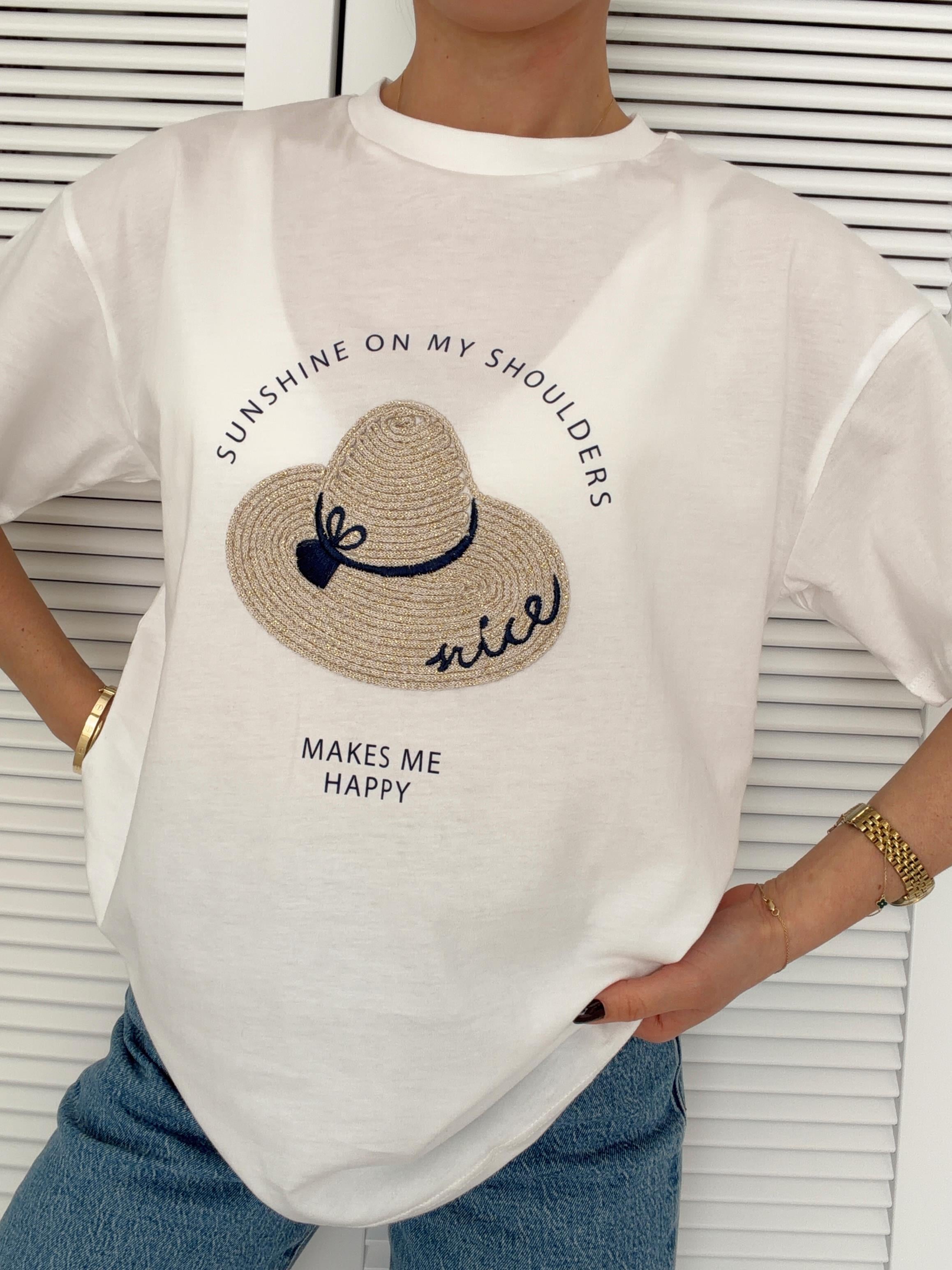 Baskı ve Şapka İşleme Detaylı Tshirt Ekru