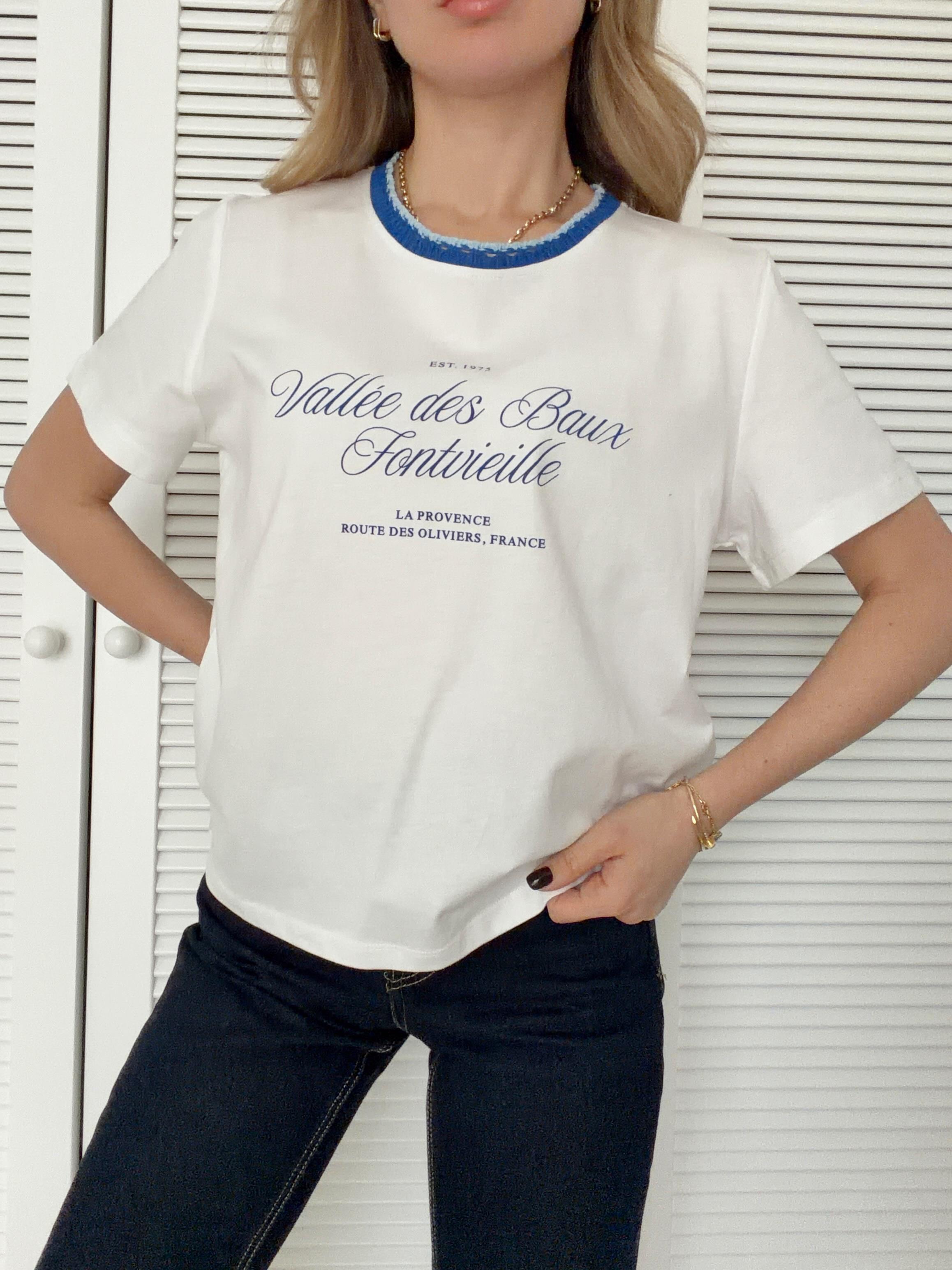 Baskı ve Yaka Örgü Detaylı Tshirt Ekru 