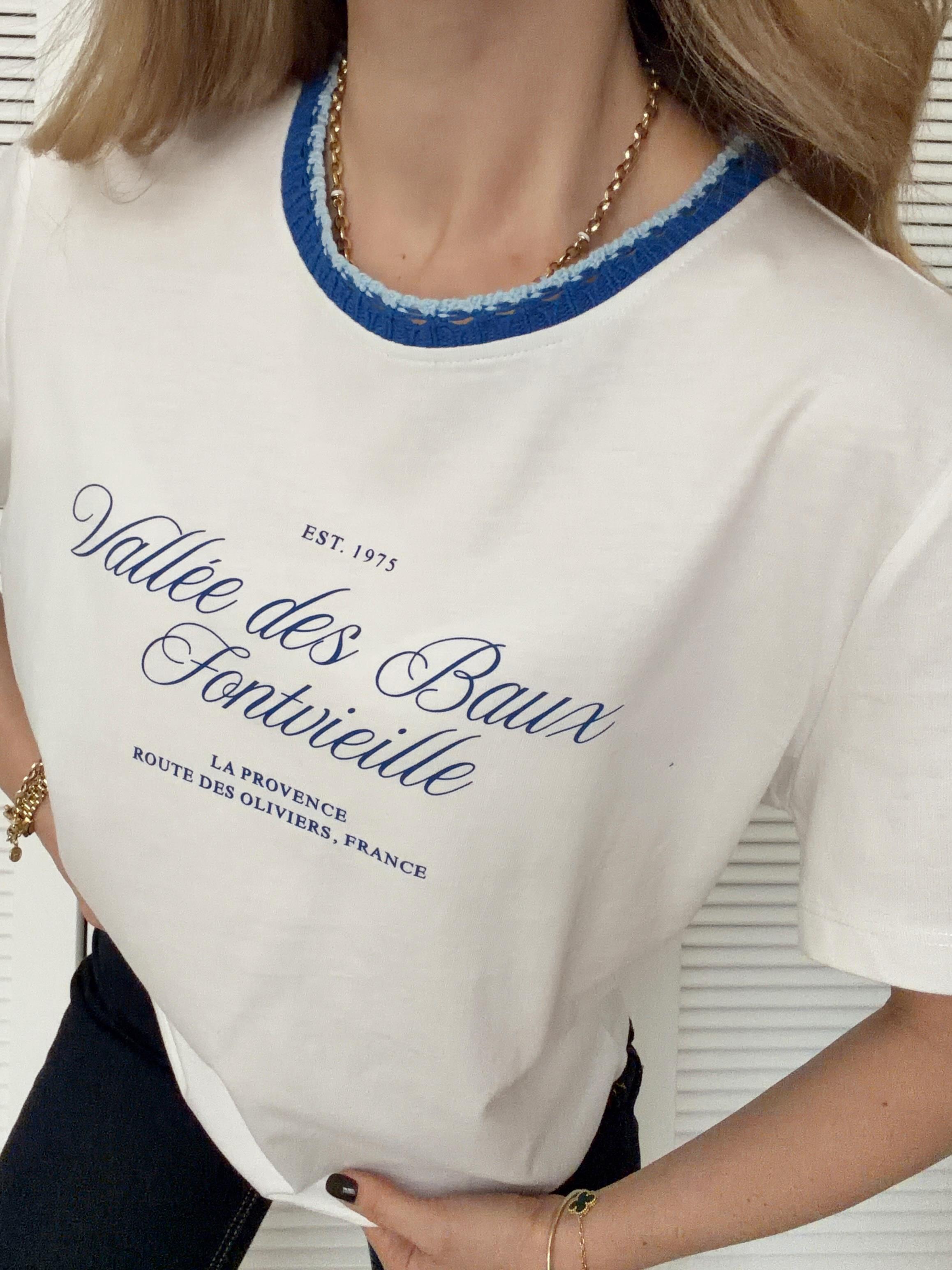 Baskı ve Yaka Örgü Detaylı Tshirt Ekru 
