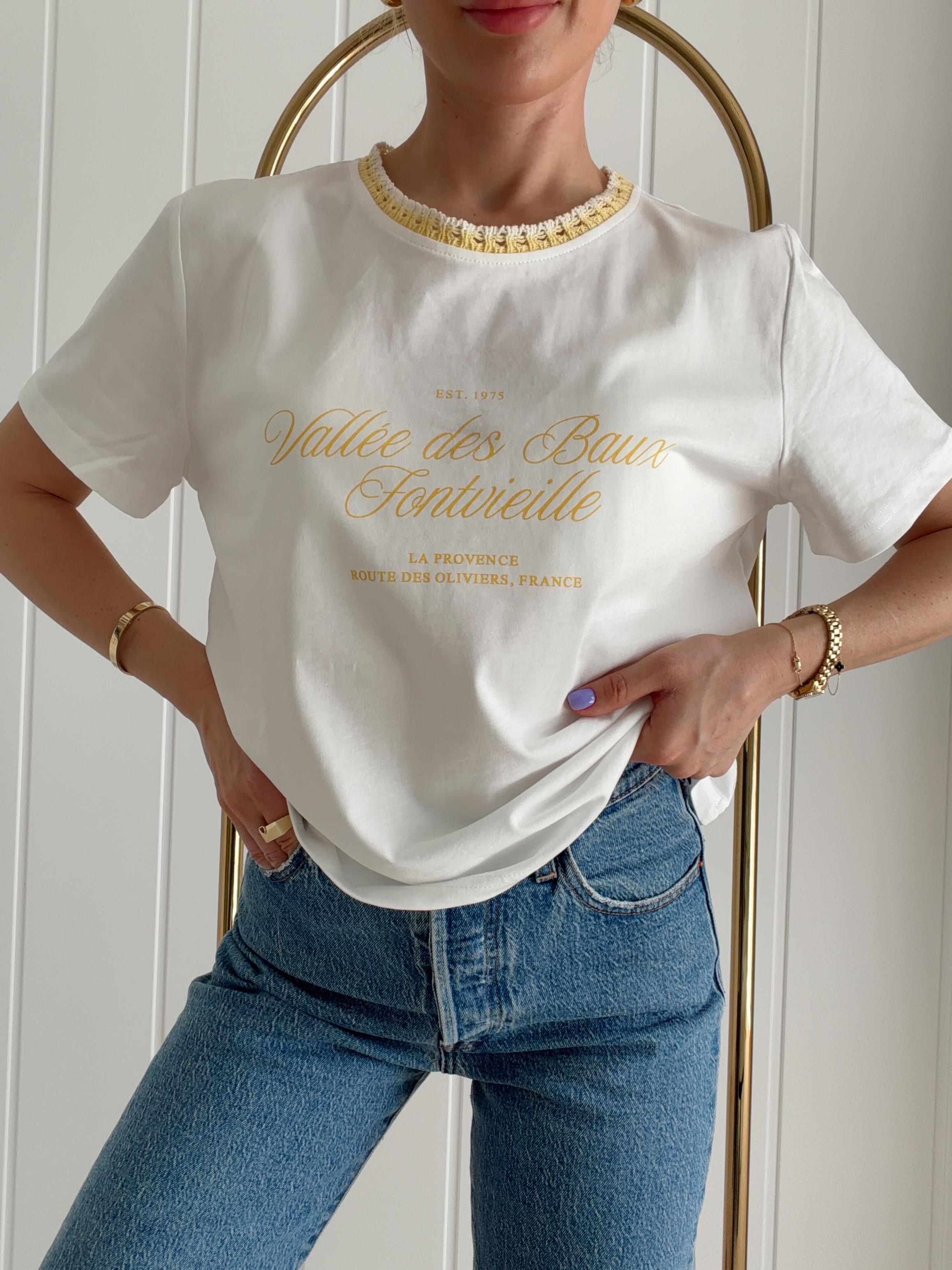 Baskı ve Yaka Örgü Detaylı Tshirt Sarı