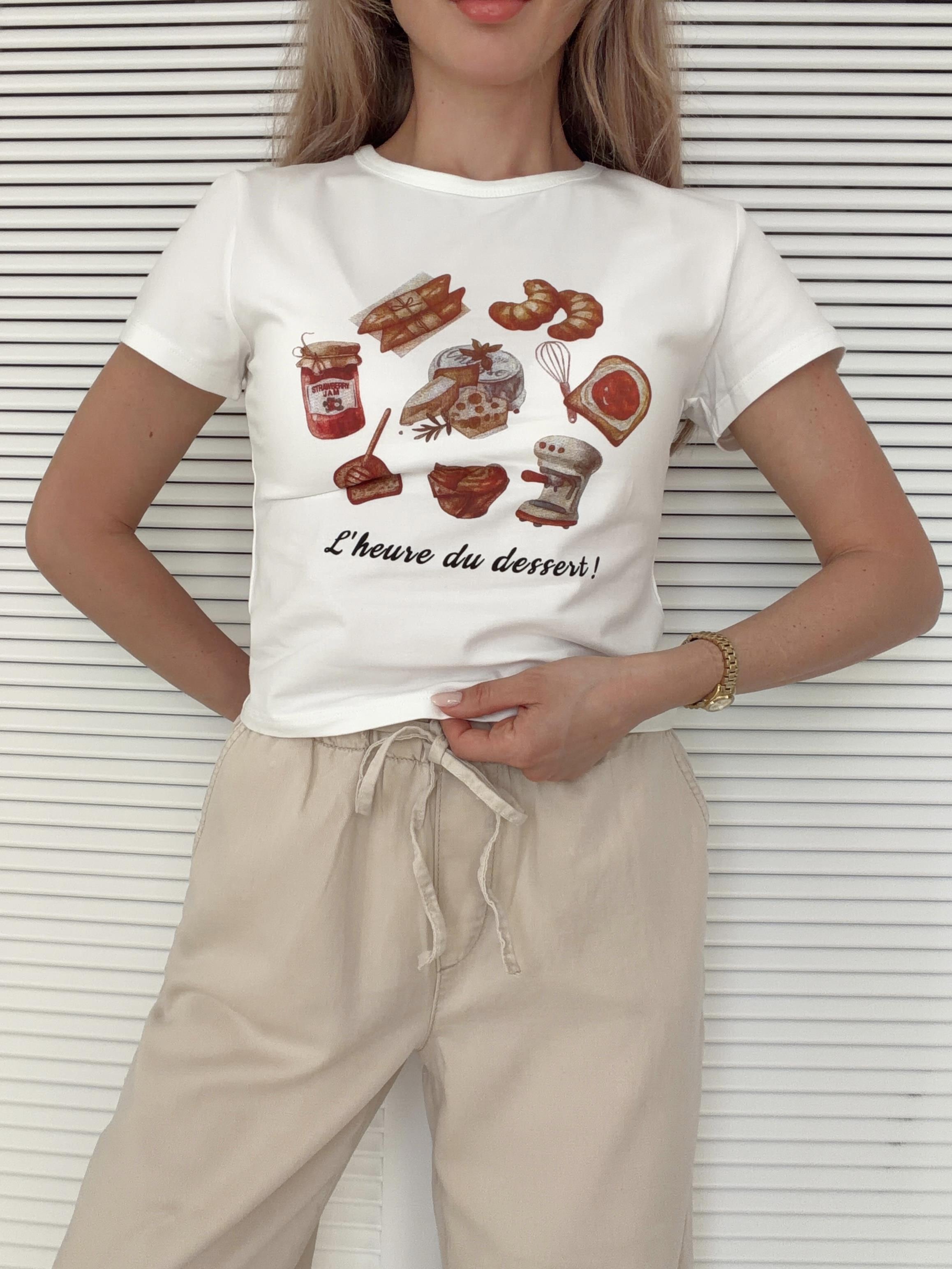 Baskılı Crop Tshirt Ekru CROİSSANT