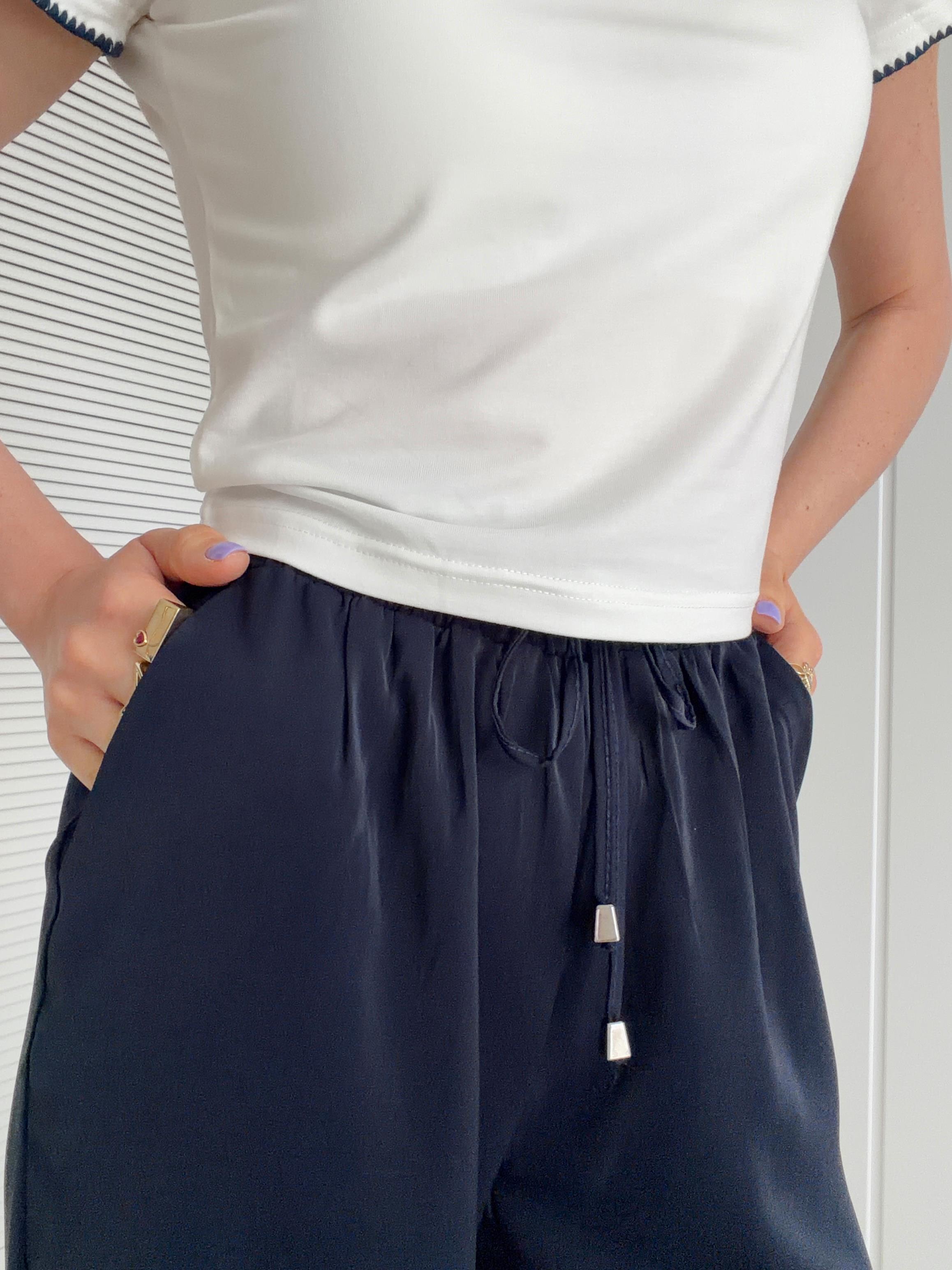 Beli Lastikli İnce Doku Pantolon Lacivert