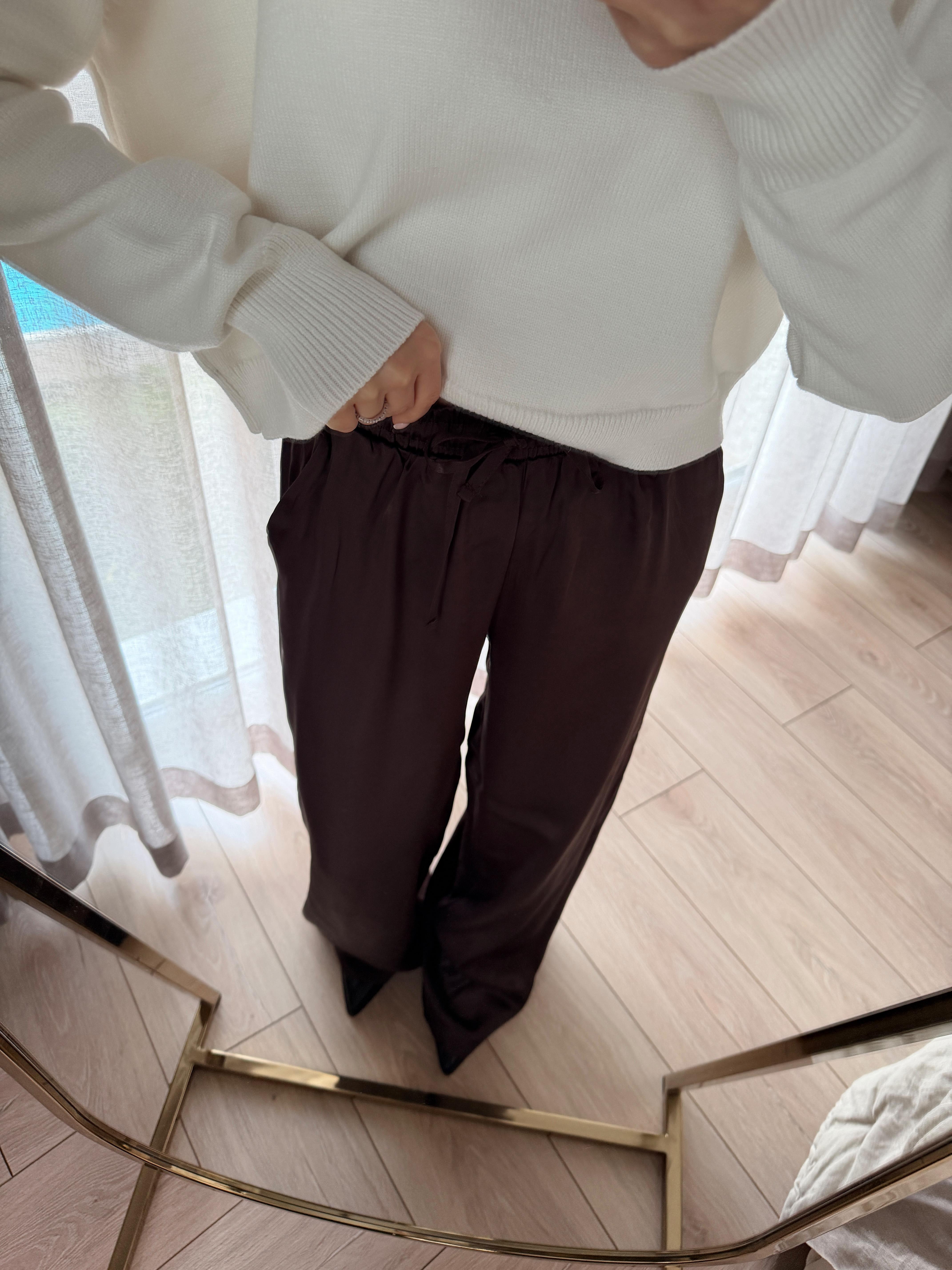 Beli Lastikli Saten Pantolon Kahverengi
