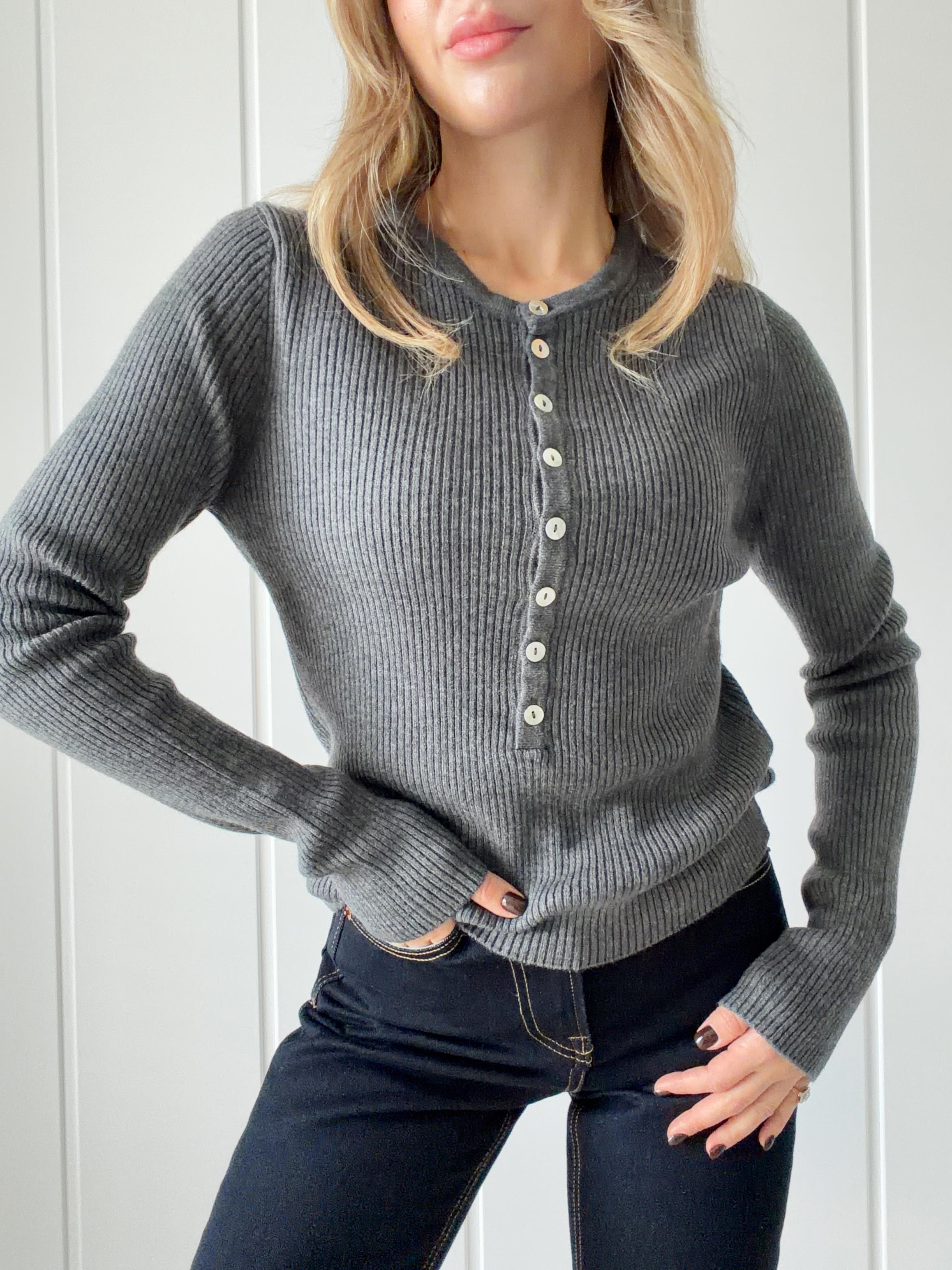 Bisiklet Yaka Yünlü Düğmeli Triko Kazak Füme 