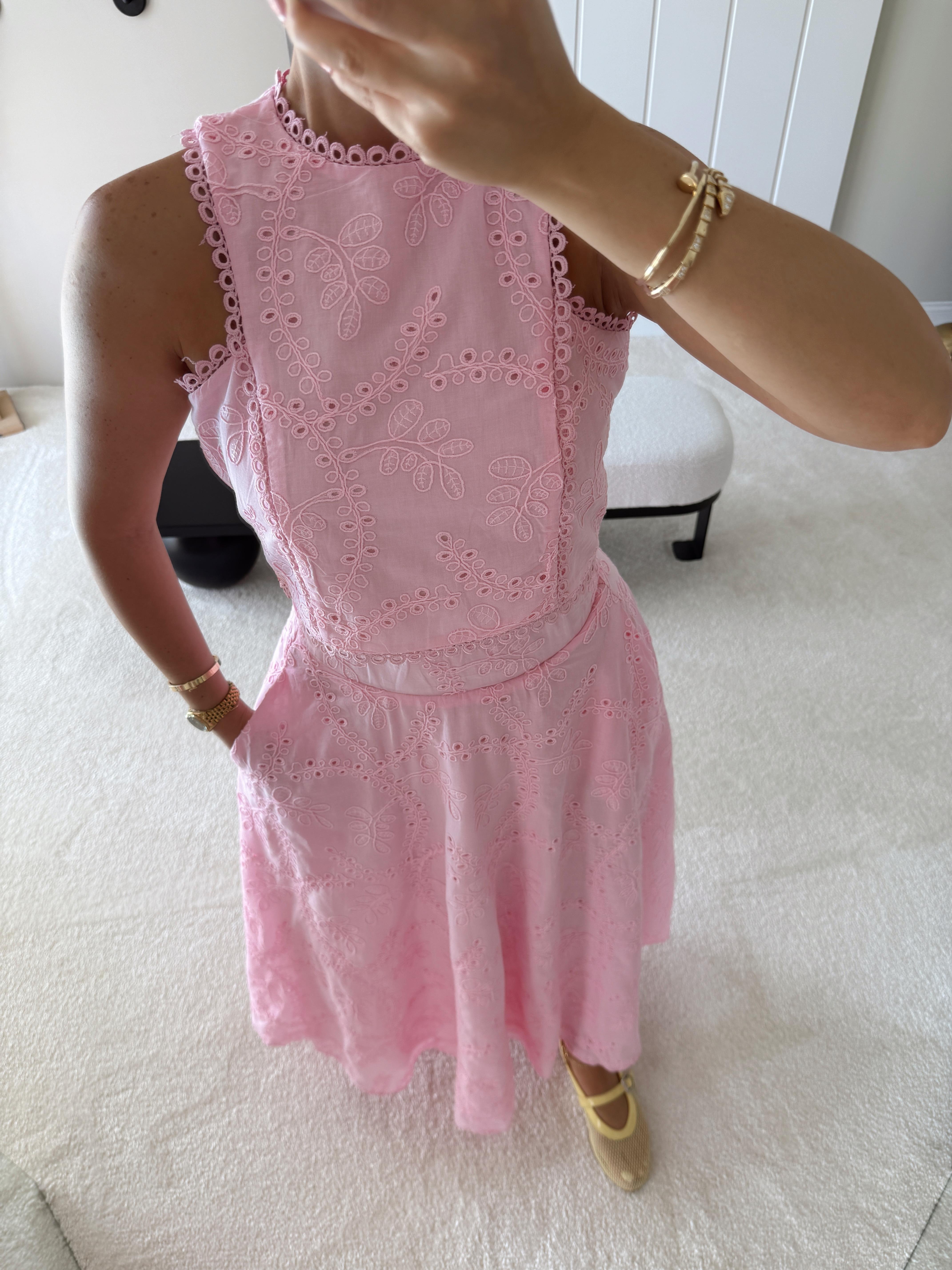 Bluz ve Astarlı Etek Güpür Takım Pembe