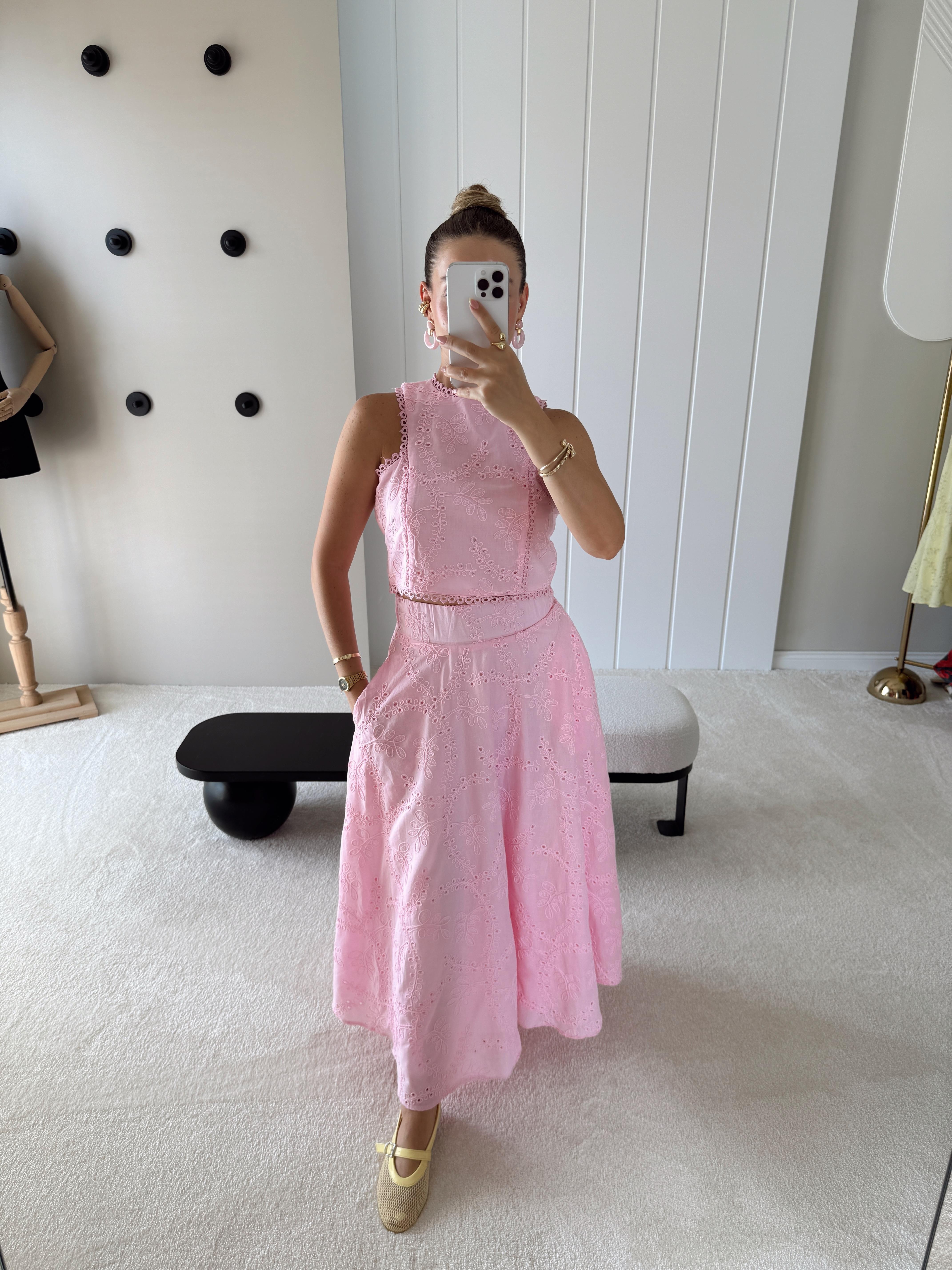 Bluz ve Astarlı Etek Güpür Takım Pembe