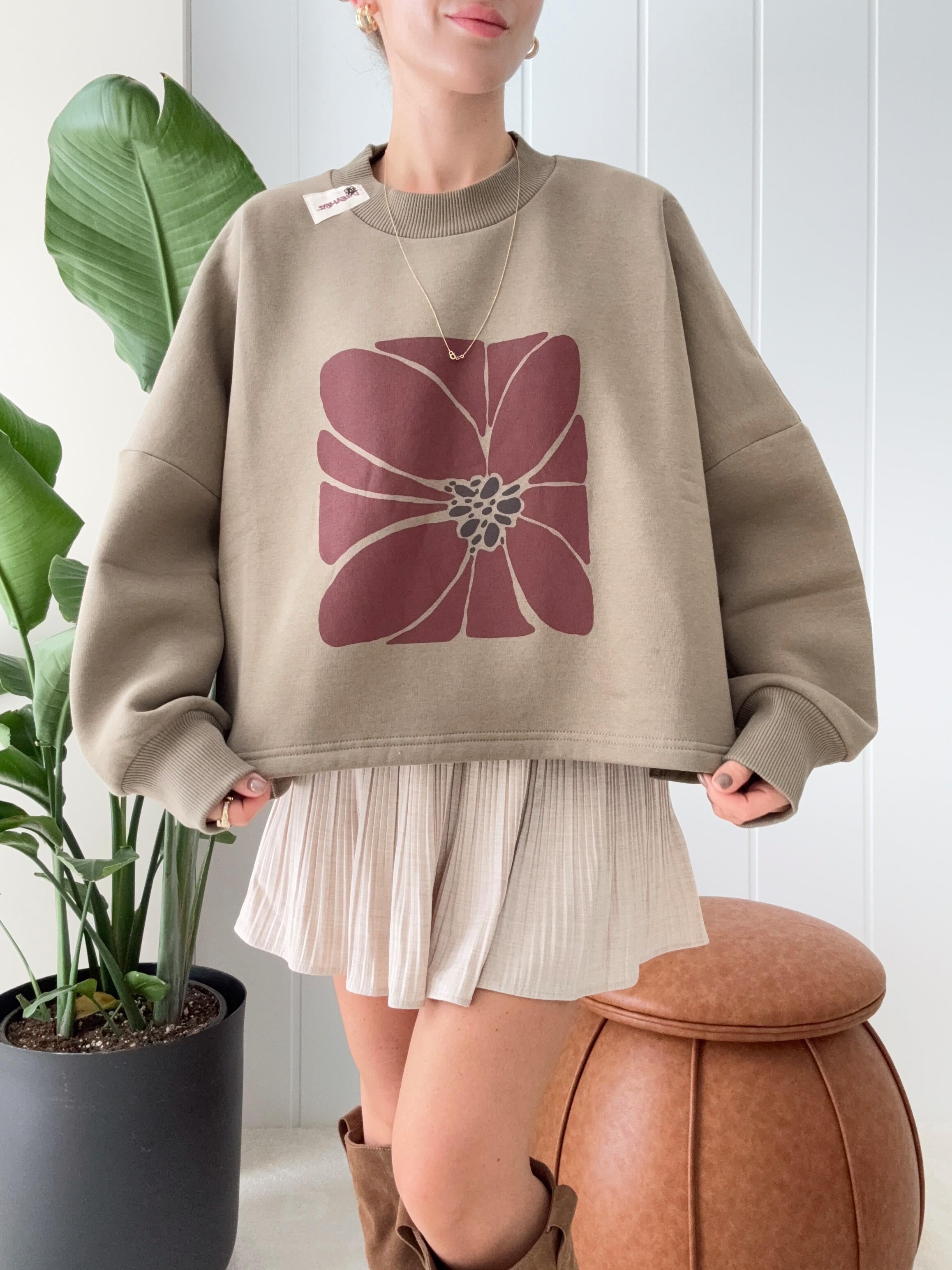 Çiçek Baskılı Oversize Sweat Haki