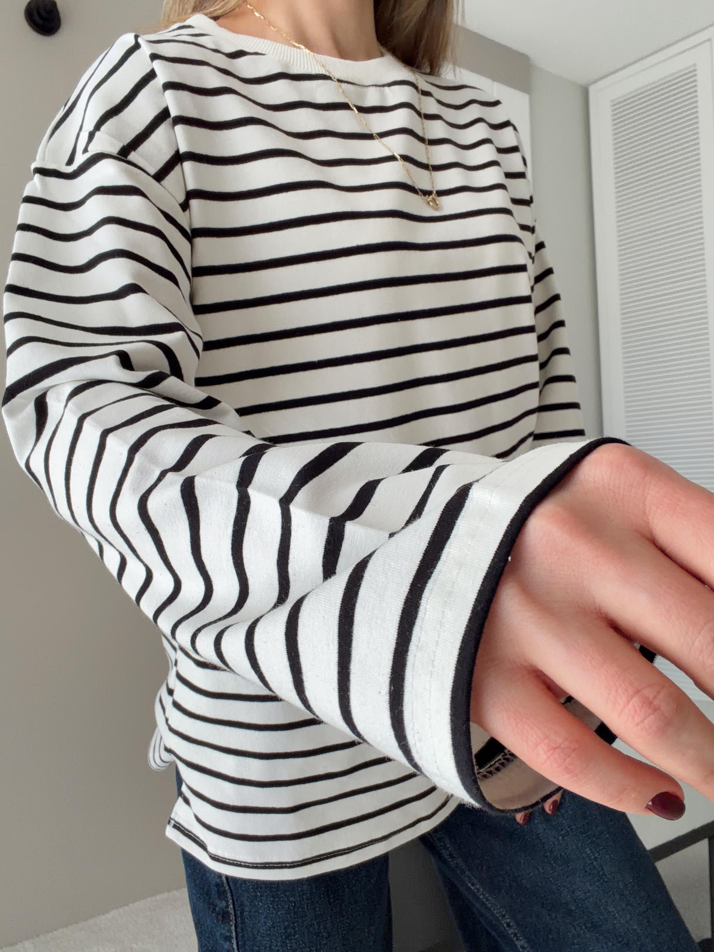 Çizgili Uzun Kollu Oversize Tshirt Siyah
