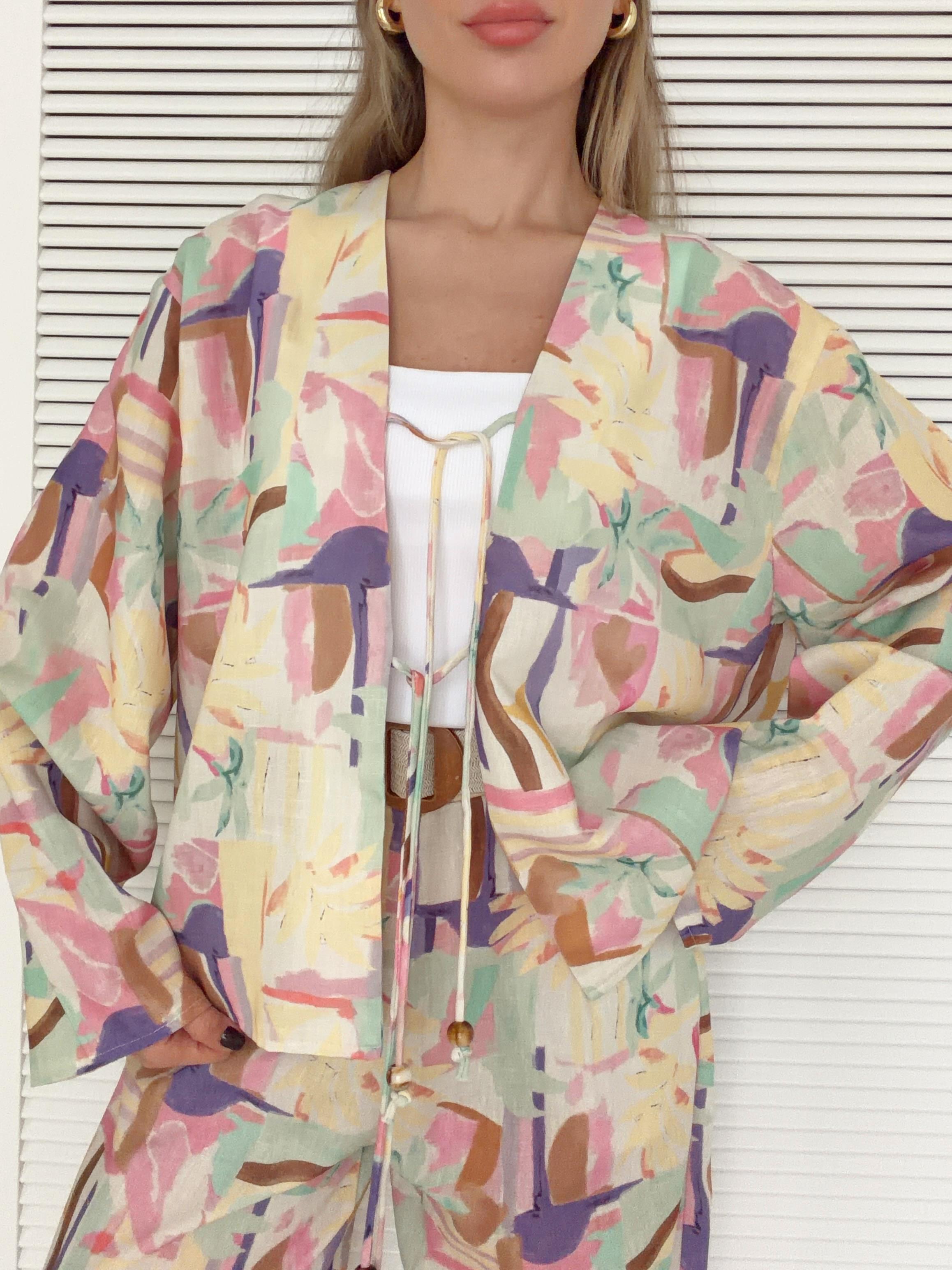 Çok Renk Desenli Kimono Sarı