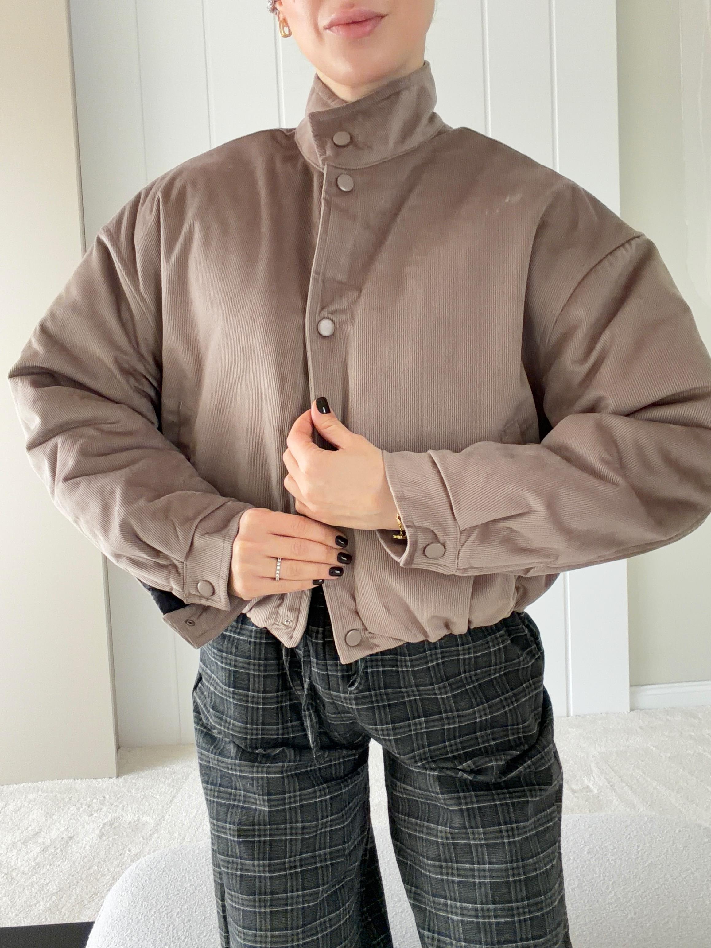 Crop Bomber Kadife Ceket Krem