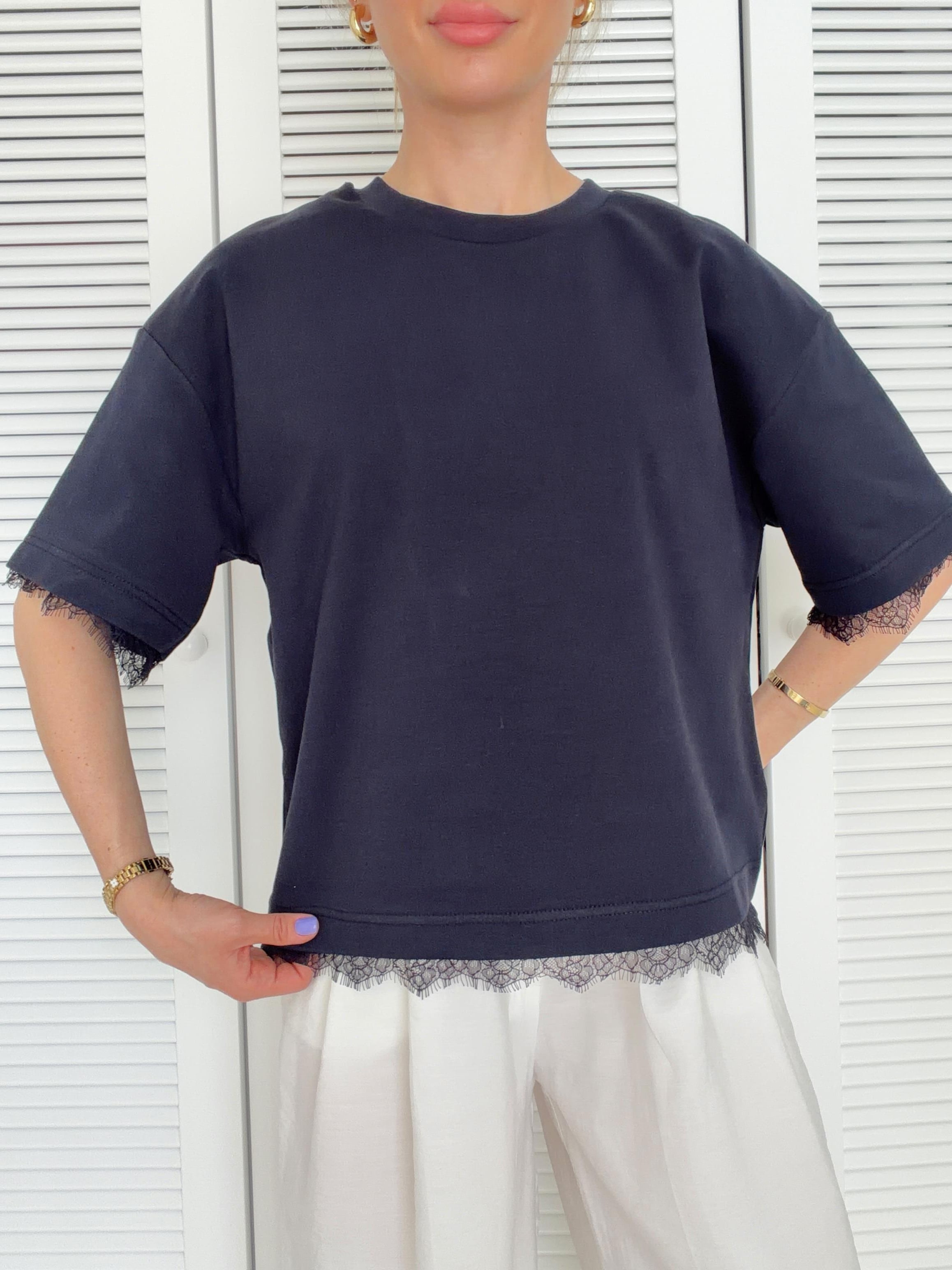 Dantel Detaylı Kısa Kollu Tshirt Lacivert