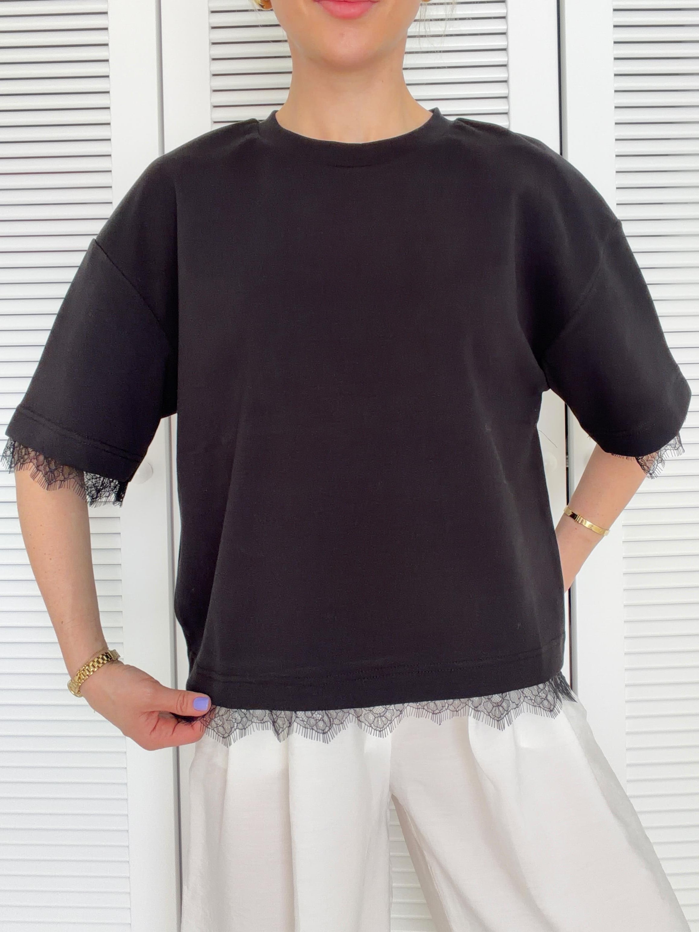 Dantel Detaylı Kısa Kollu Tshirt Siyah