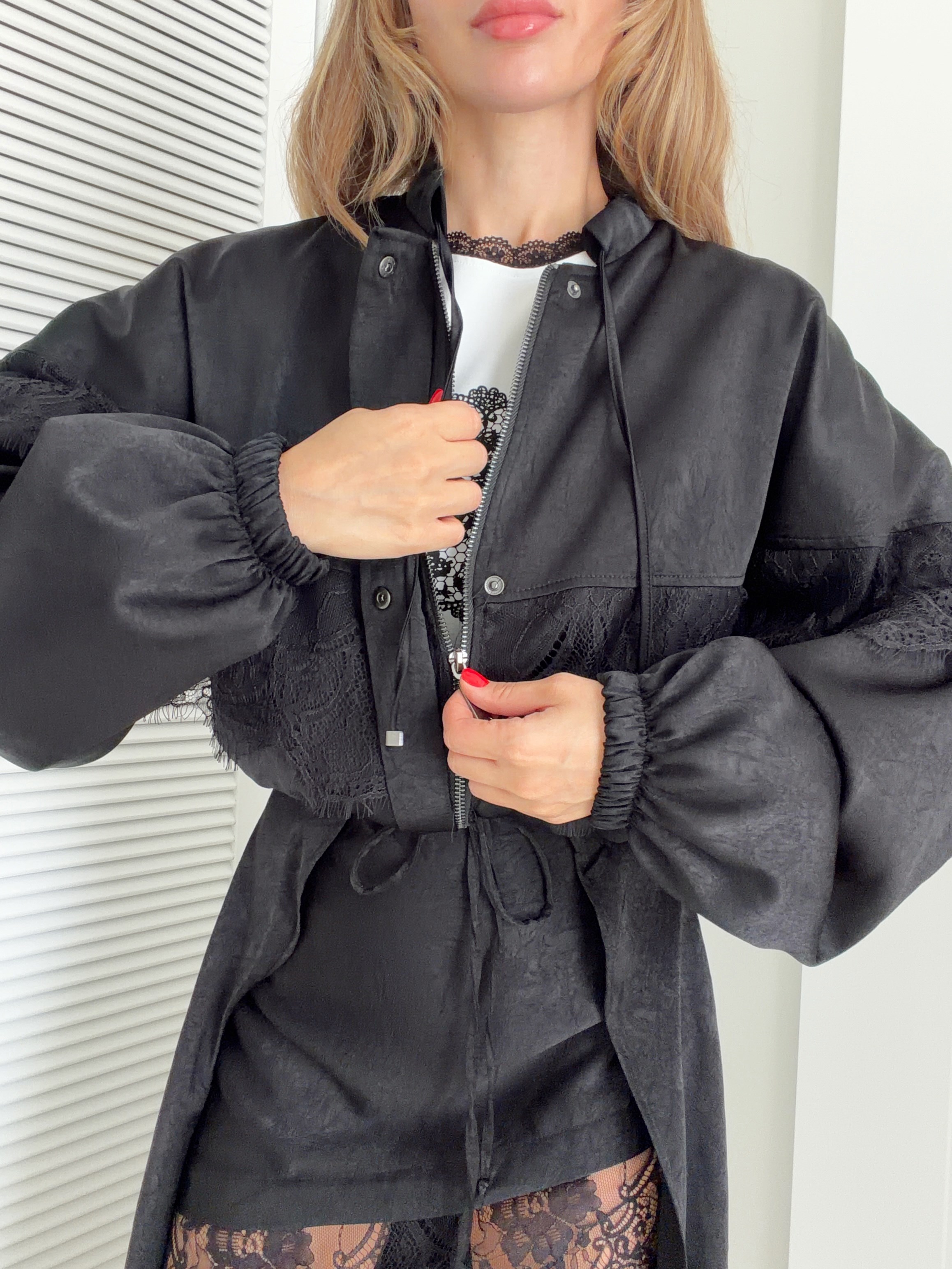 Dantelli Bomber Ceket Siyah