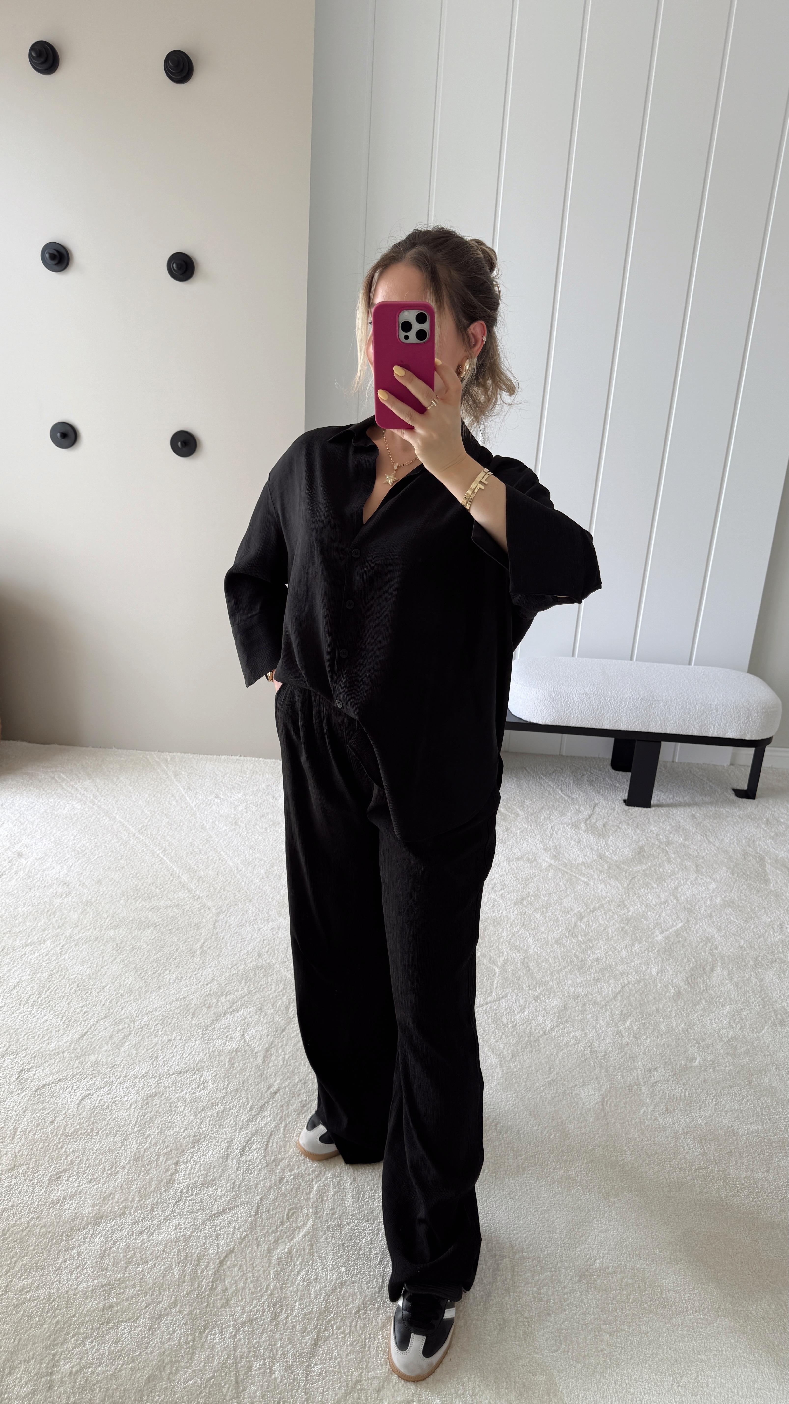 Dokulu Cepli Oversize Basic Gömlek ve Rahat Pantolon Siyah Takım