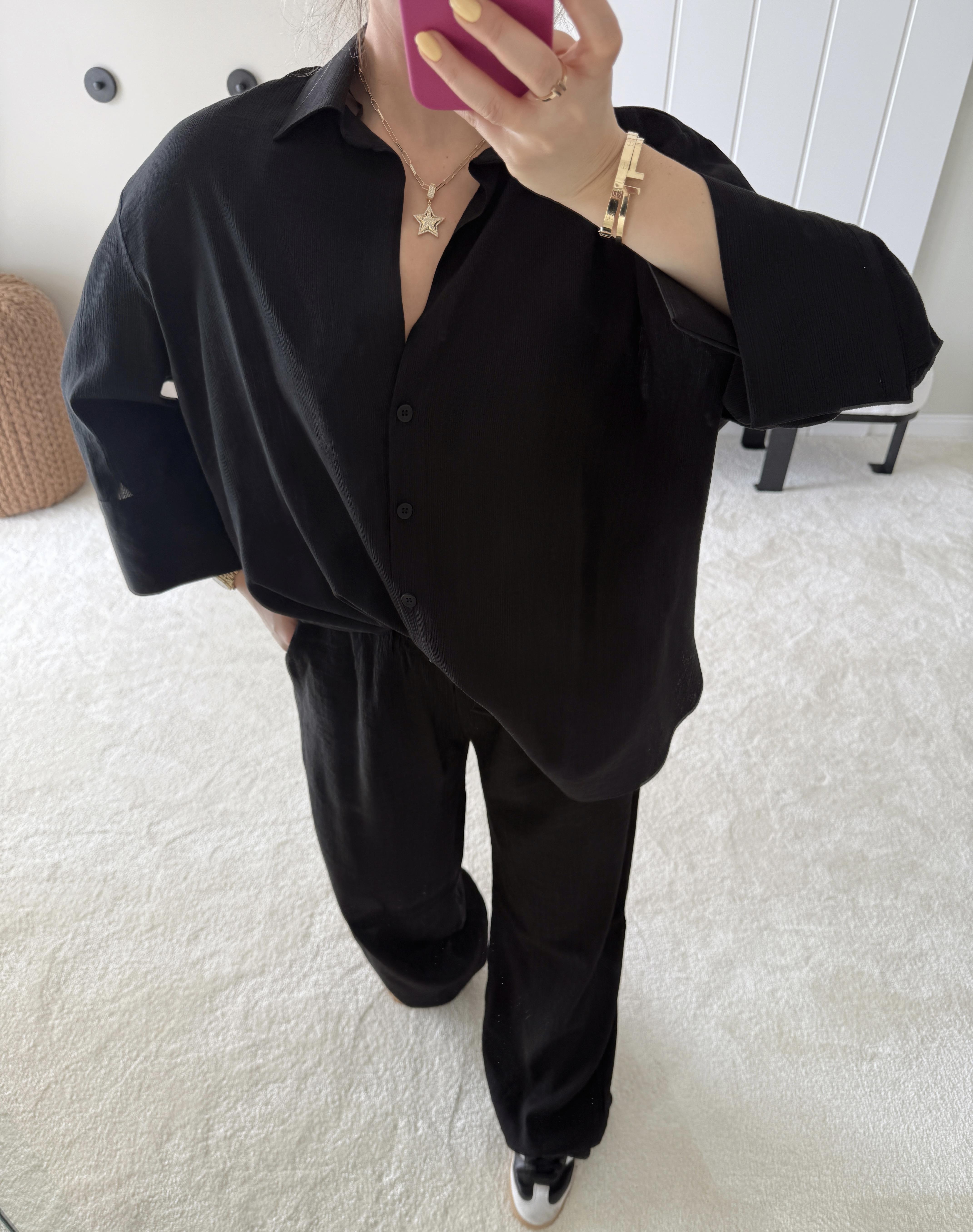 Dokulu Cepli Oversize Basic Gömlek ve Rahat Pantolon Siyah Takım