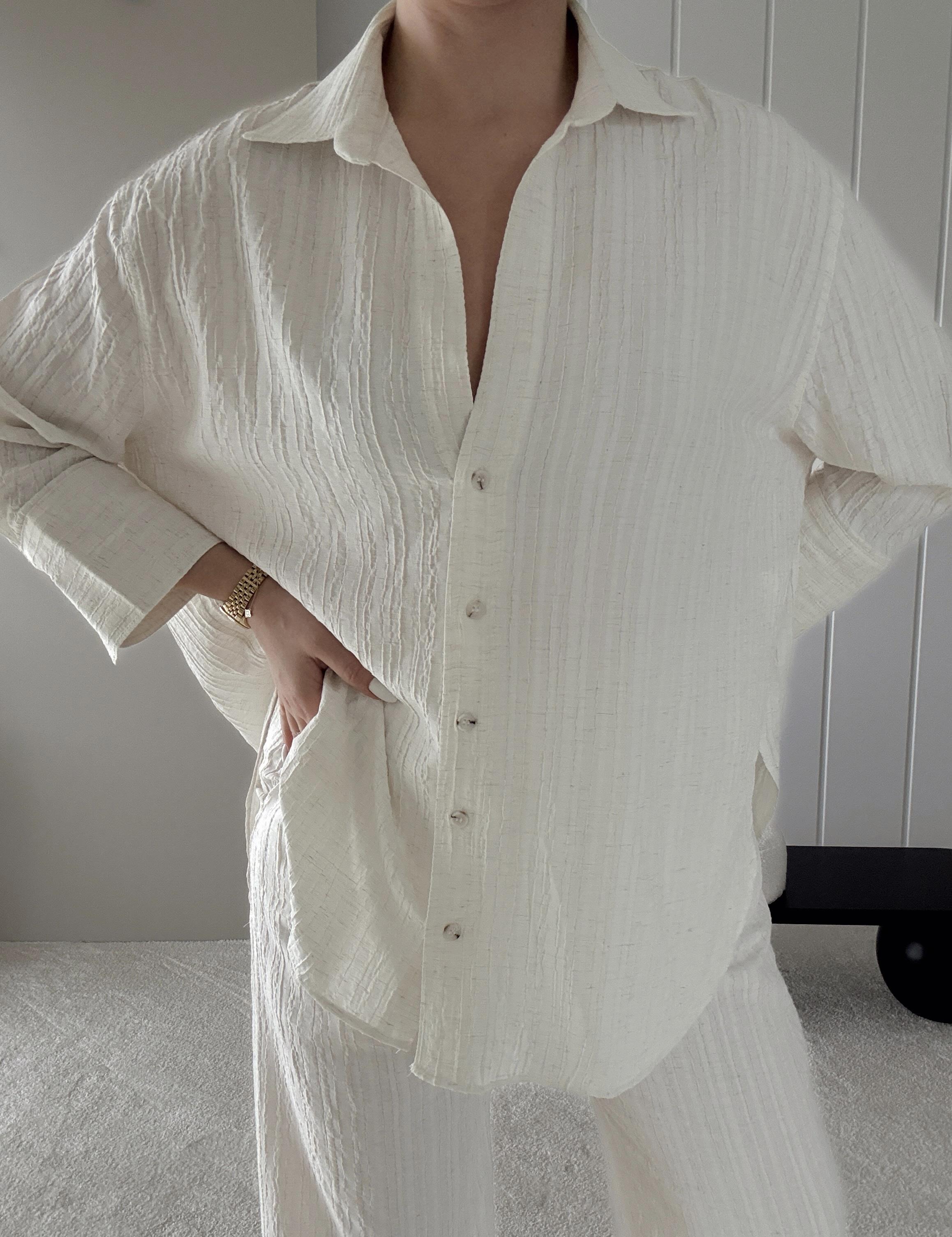 Dokulu Cepli Oversize Basic Gömlek ve Rahat Pantolon Ekru Takım