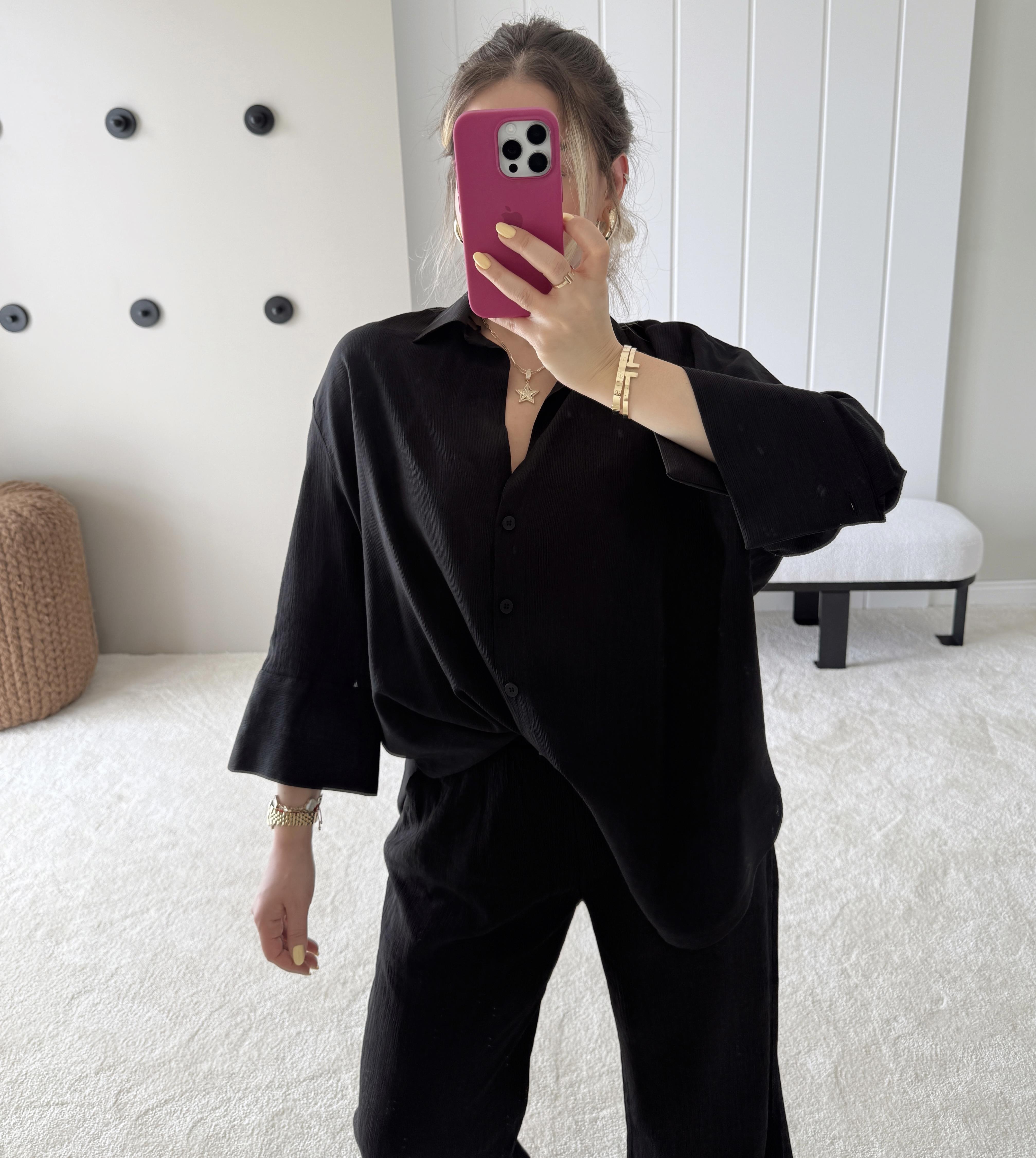 Dokulu Cepli Oversize Basic Gömlek ve Rahat Pantolon Siyah Takım