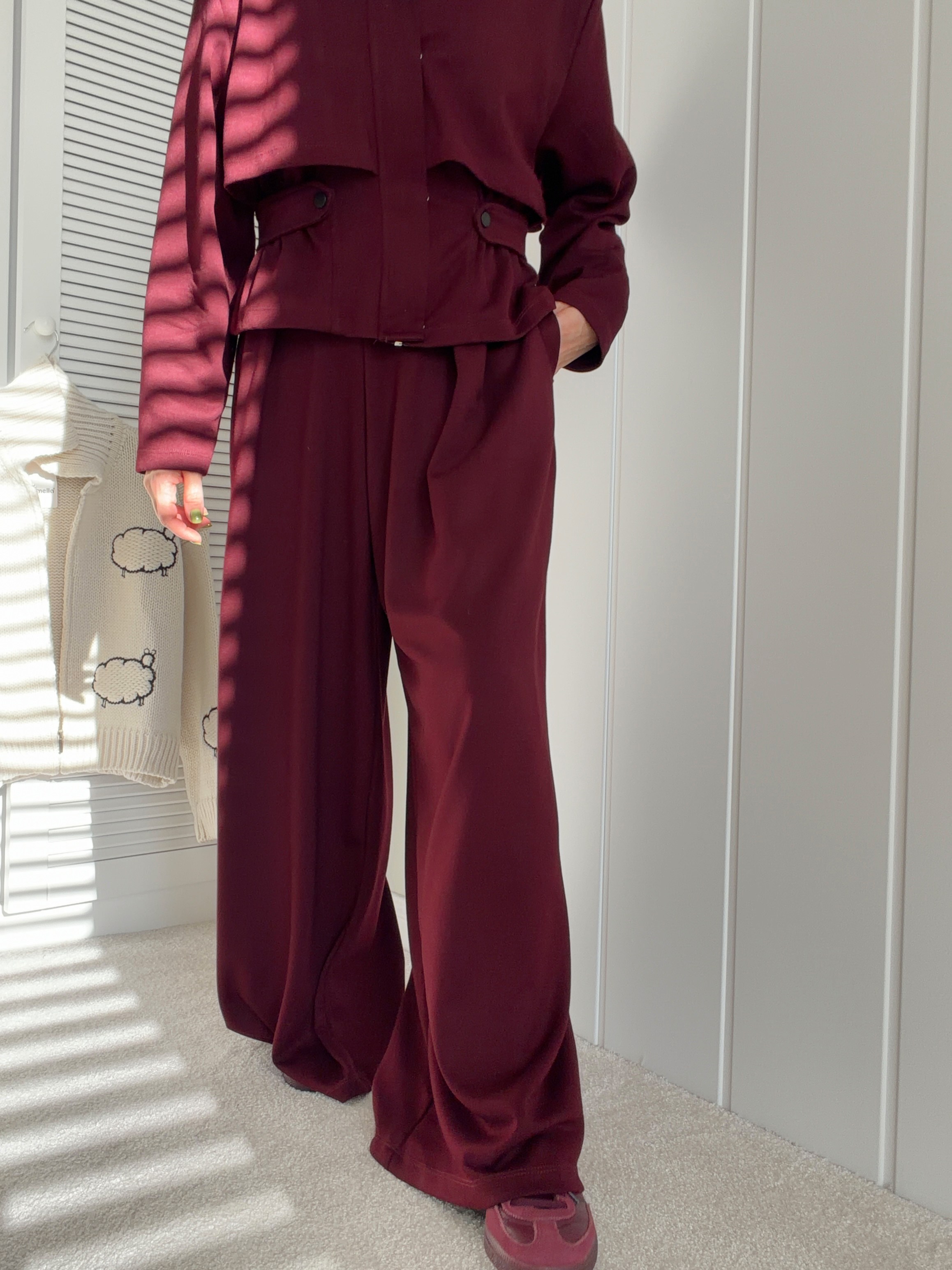 Düğme Detaylı Geniş Paça Pantolon Takım Bordo 