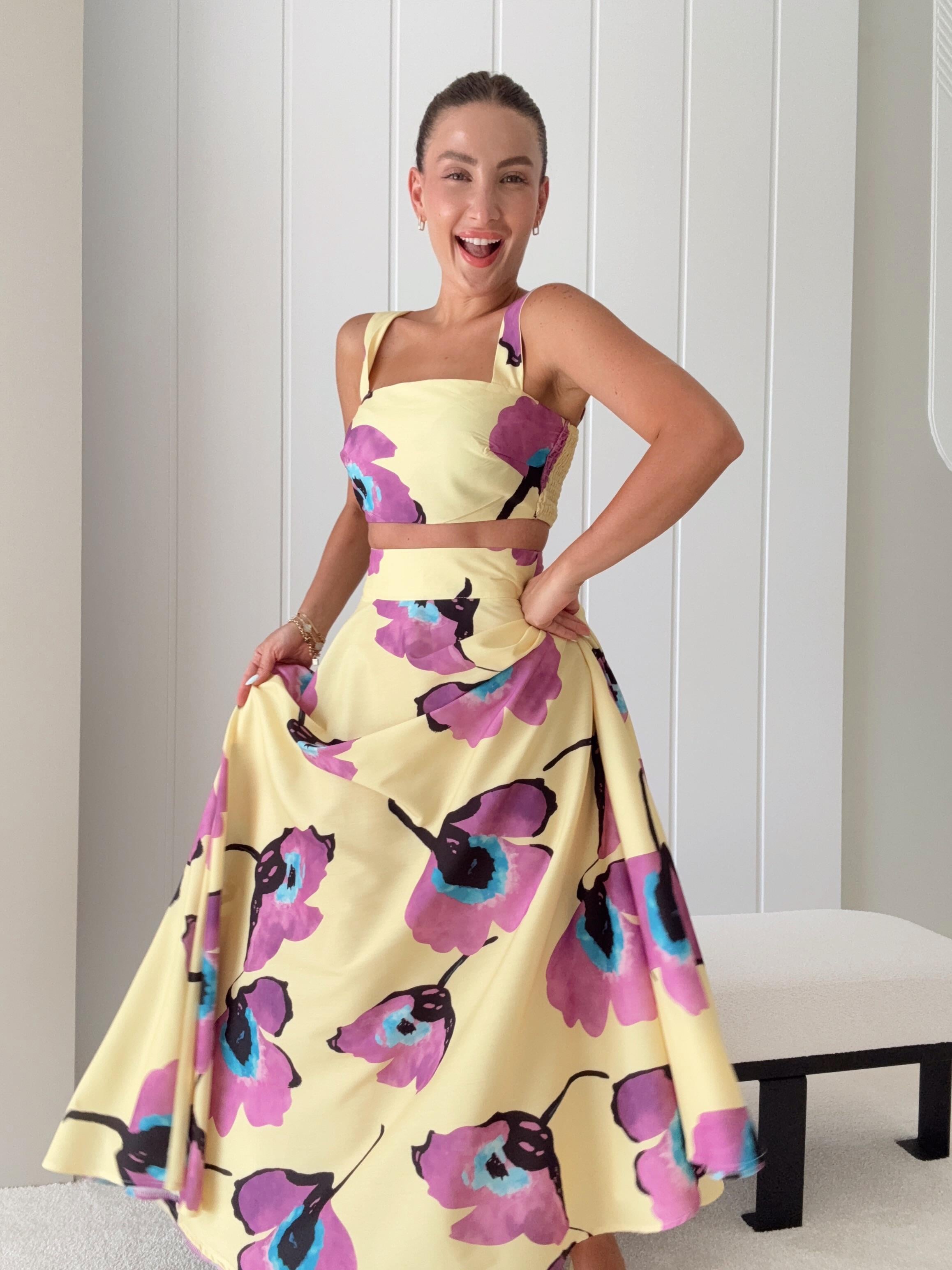 Floral Desenli Üst Bra ve Etek Takım Sarı 