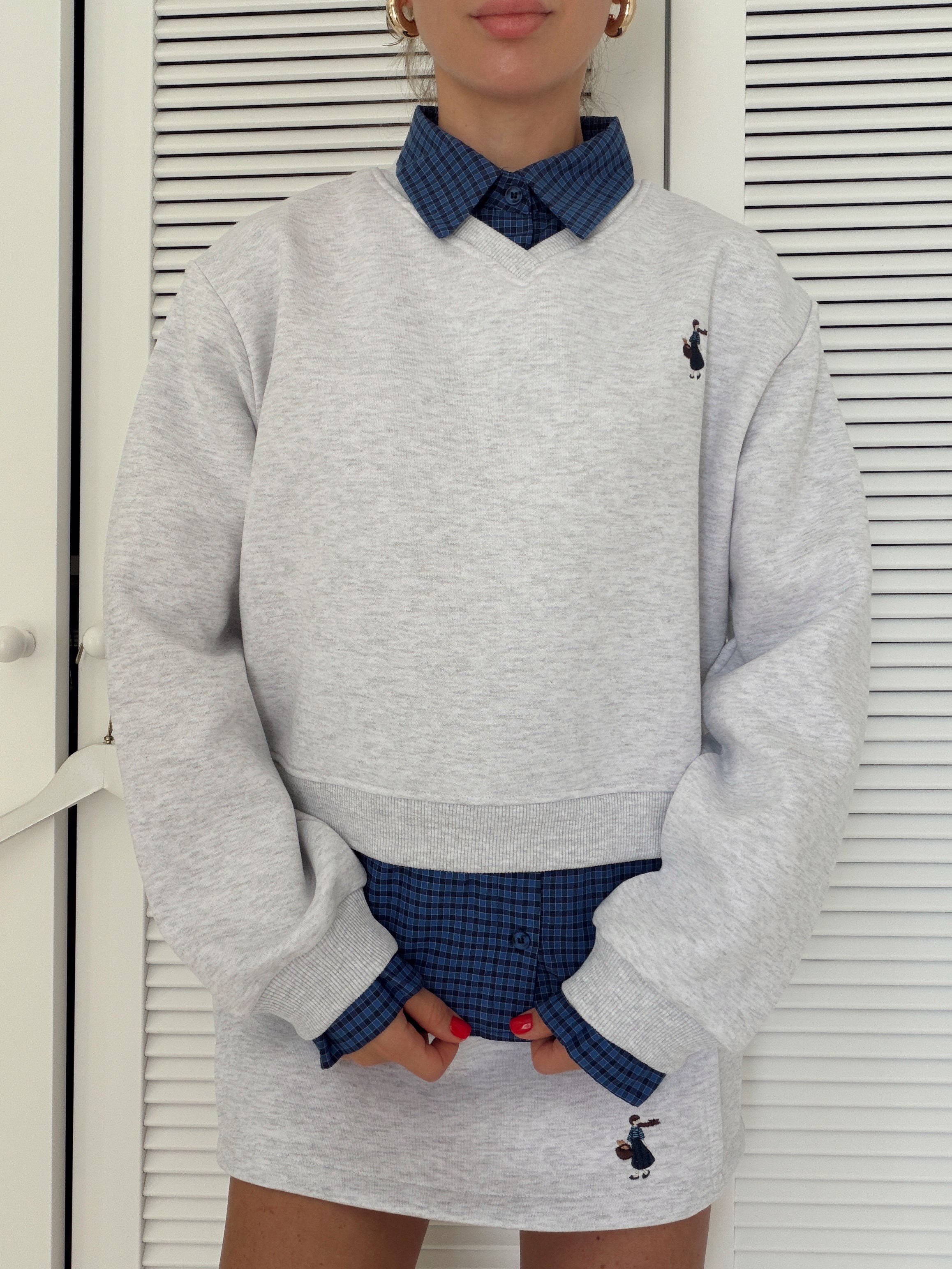 Gömlek Detaylı Birleşik Sweatshirt Gri
