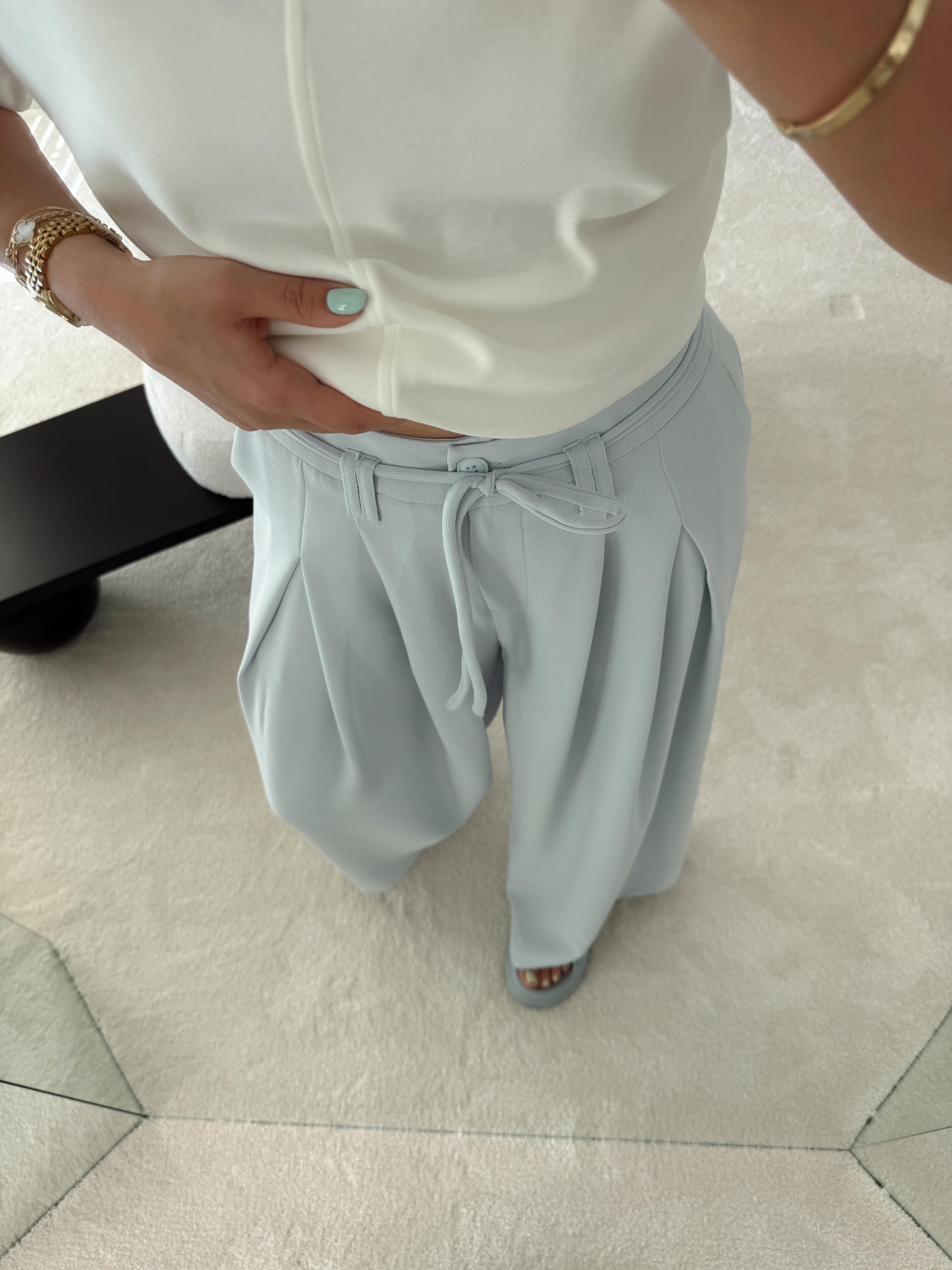 İp Bağcık Detaylı Palazzo Pantolon Bebe Mavi 