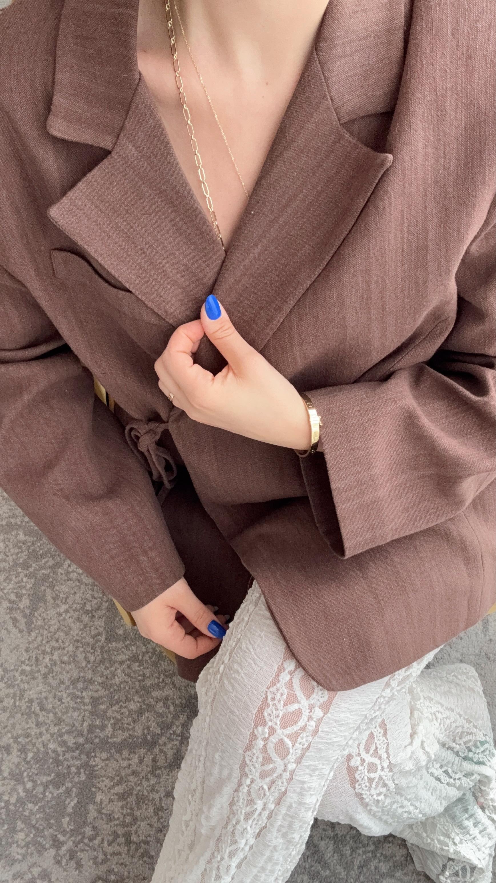 Keten Blazer Ceket Bağlama Detaylı Kahverengi